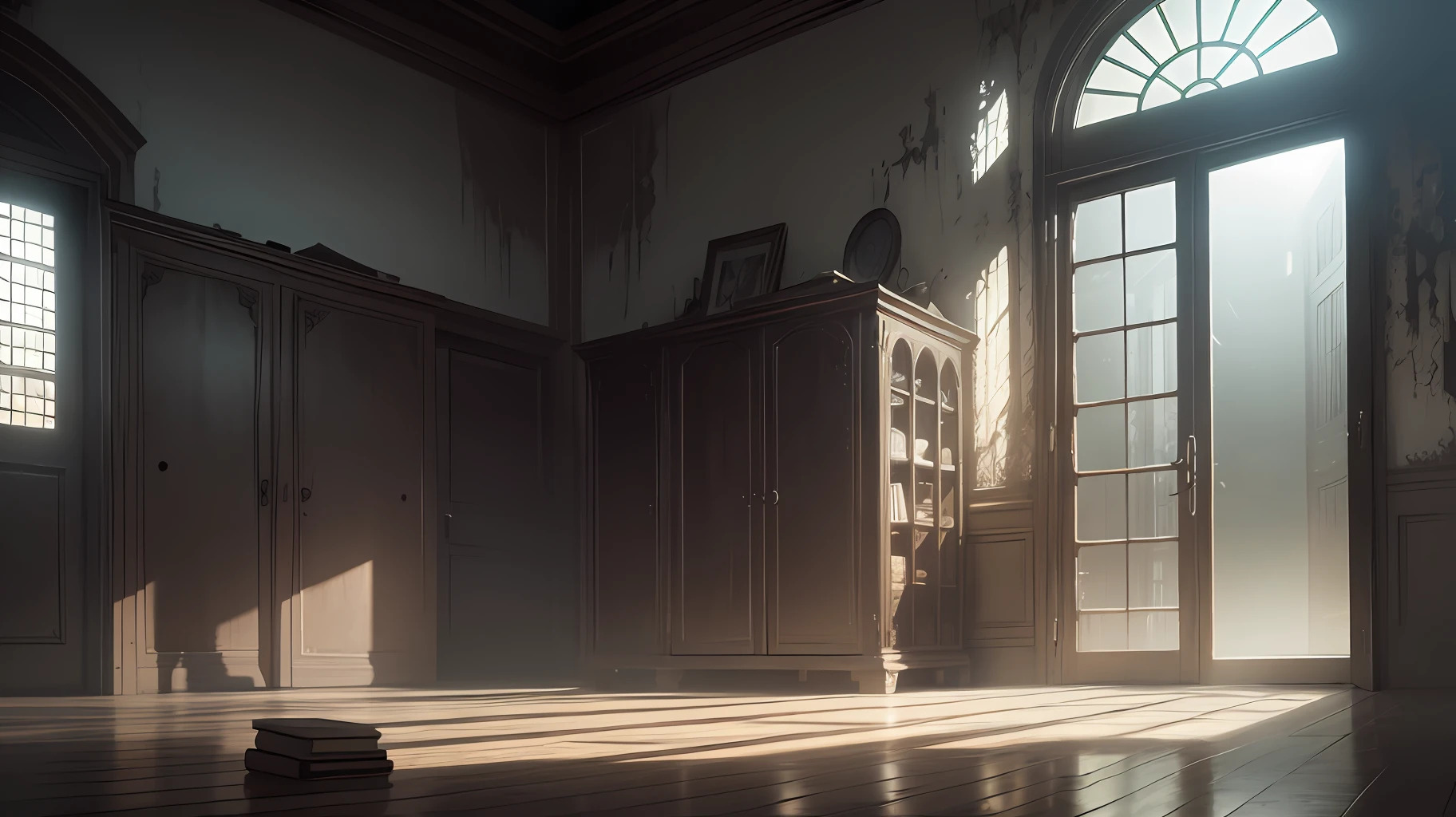 masterpiece, best quality), high-resolution CG wallpaper, creepy and gloomy environment, big shadows