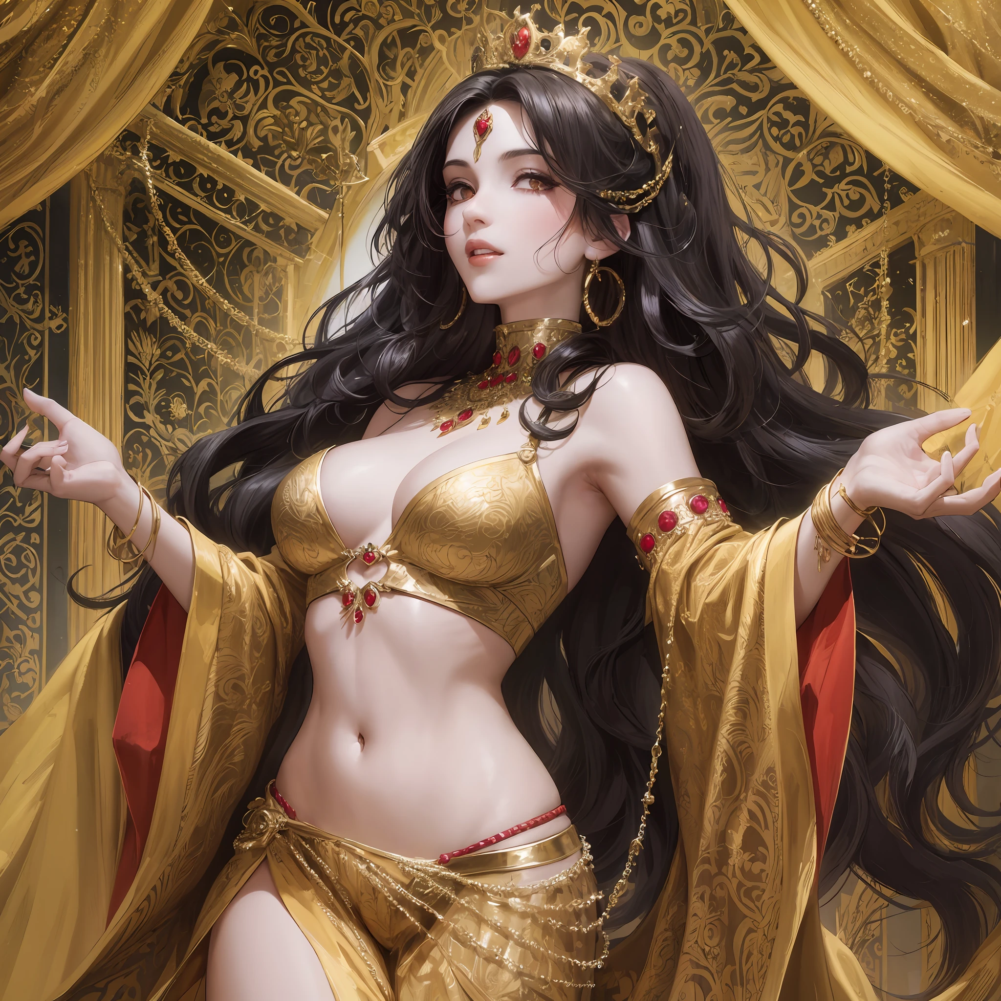 Beautiful woman with long black hair, well curly, displaying sensuality, dancing the belly dance, with lingerie robes with green gold and red colors, with jewels and crown in gold, perfect body, in a very beautiful place of lush landscape --auto --s2