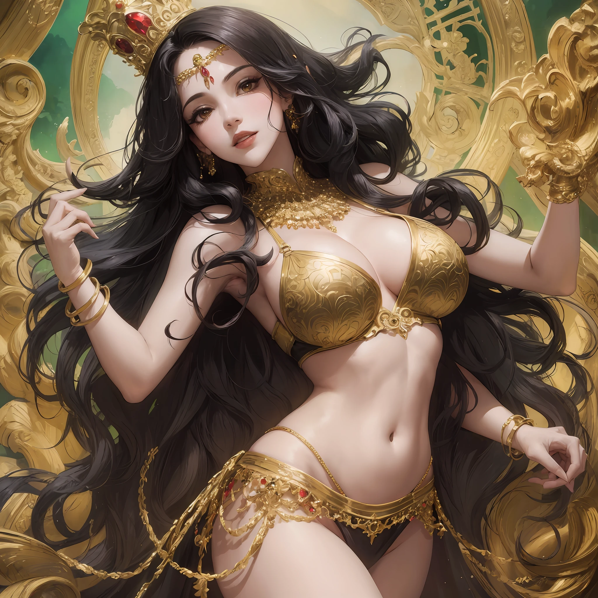 Beautiful woman with long black hair, well curly, displaying sensuality, dancing the belly dance, with lingerie robes with green gold and red colors, with jewels and crown in gold, perfect body, in a very beautiful place of lush landscape --auto --s2