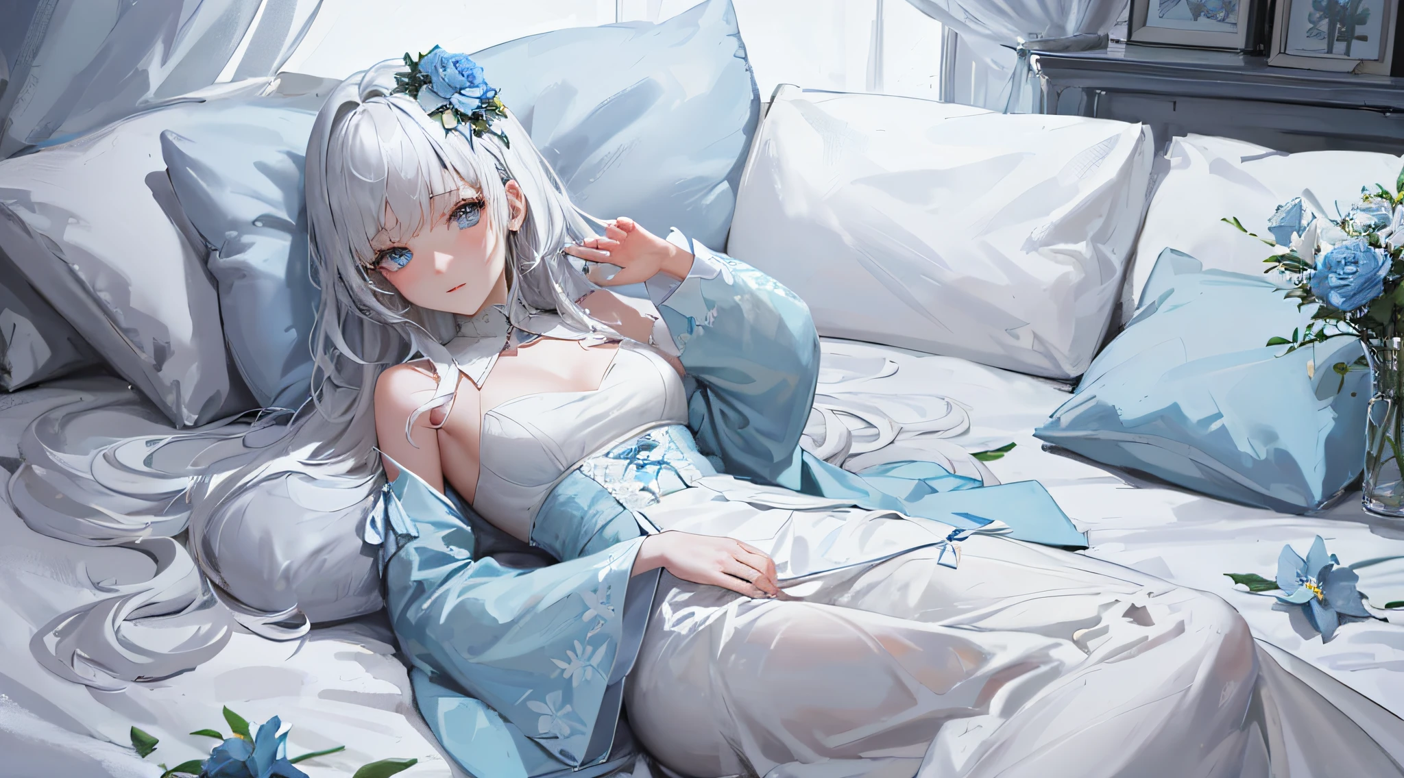 (masterpiece, highest quality, best quality, formal art, beautiful and aesthetic: 1.2), (1girl), extremely detailed eyes, (fractal art: 1.3), colorful, highest level of detail, (perfect face), shiny skin, HDR) 1girl, solo, looking ahead, lying, lying on the bed, ((white hair)), (pale skin))), curly hair, (long hair), light blue eyes, light blue flowers in hair, white dress, fluffy dress, light blue collar, light blue sleeves, White room. (((closely)))