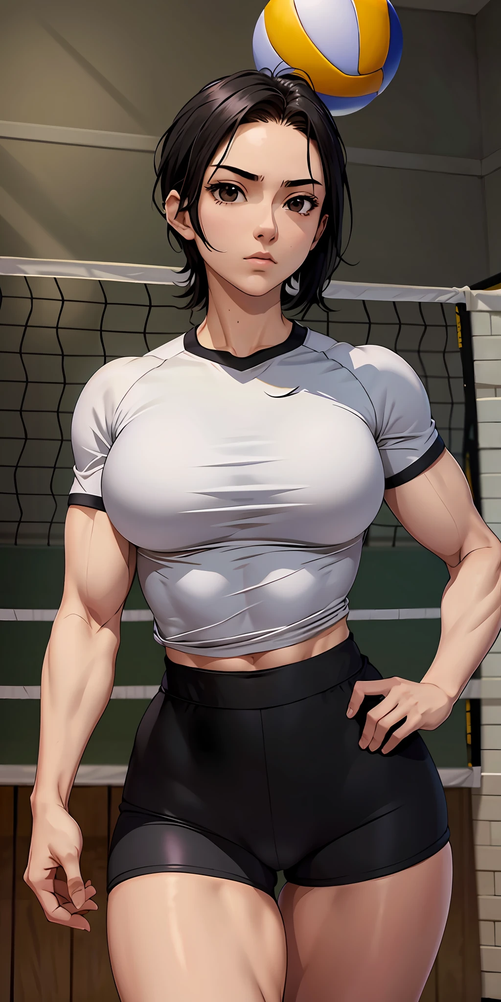 Woman, beautiful face, serious face, short black hair, perfect body, fit body,small breasts, muscular, big thighs, playing volleyball, volleyball uniform, shorts,(background: court)