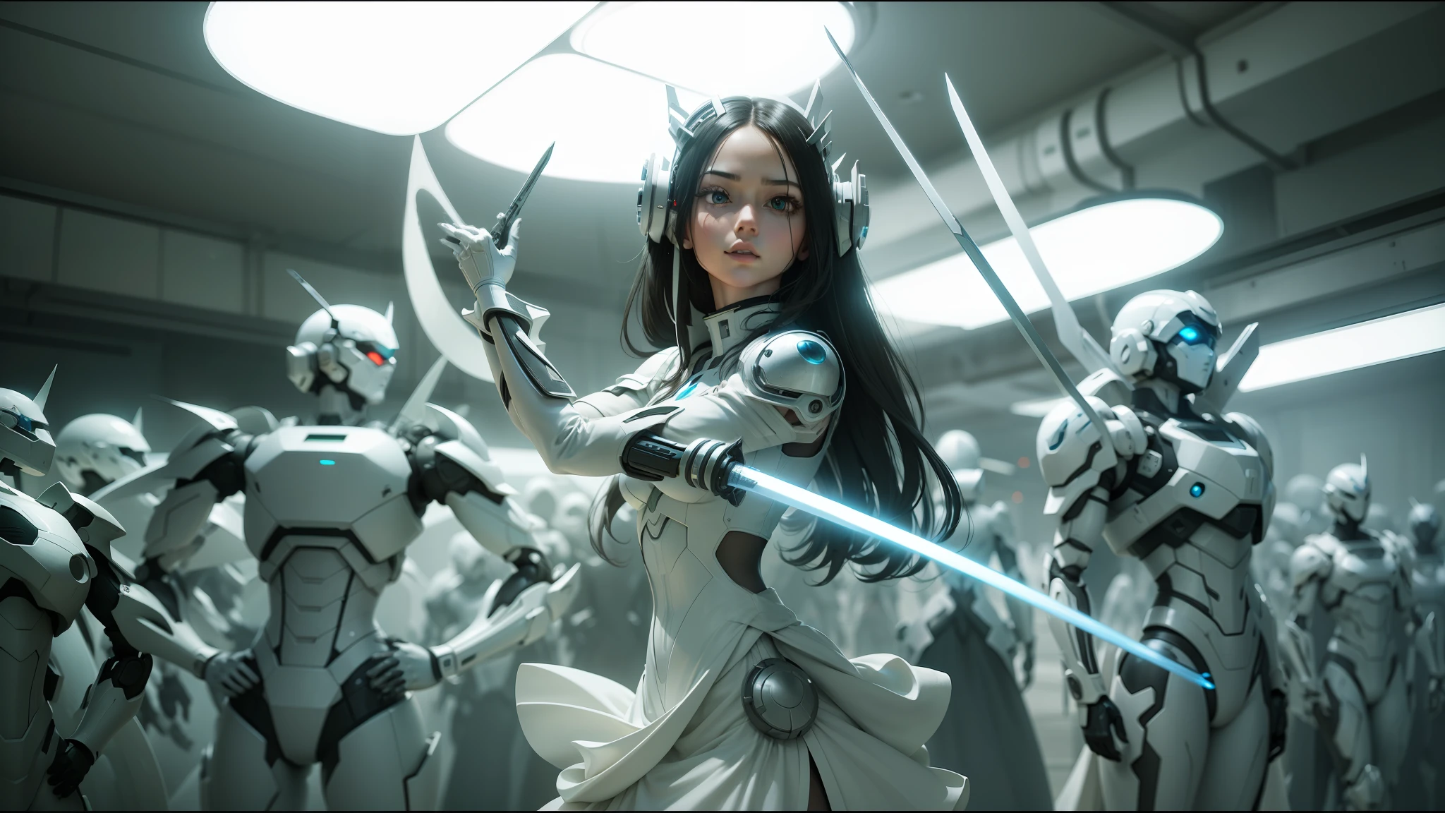 there is a woman in a white dress holding a sword, still from alita, bright white porcelain, cybernatic, contemporary dance, transformer robots (2005), swirling schools of silver fish, anamorphic, matrix ), promotional shot, biophilia, production photo, imagery, woman in a dark factory, visually stunning scene, cgsociety award, symmetry! futuristic robotic --ar 16:9 --auto --s2