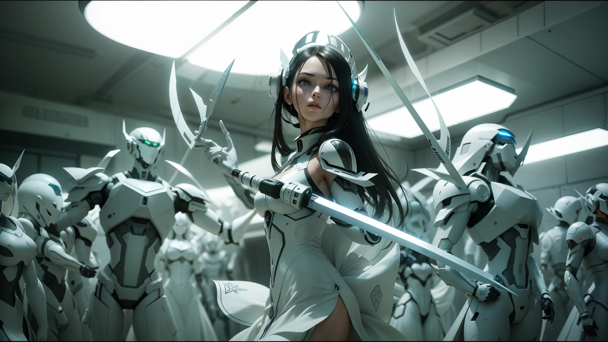 there is a woman in a white dress holding a sword, still from alita, bright white porcelain, cybernatic, contemporary dance, transformer robots (2005), swirling schools of silver fish, anamorphic, matrix ), promotional shot, biophilia, production photo, imagery, woman in a dark factory, visually stunning scene, cgsociety award, symmetry! futuristic robotic --ar 16:9 --auto --s2