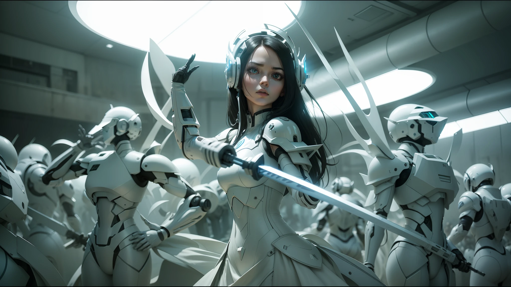 there is a woman in a white dress holding a sword, still from alita, bright white porcelain, cybernatic, contemporary dance, transformer robots (2005), swirling schools of silver fish, anamorphic, matrix ), promotional shot, biophilia, production photo, imagery, woman in a dark factory, visually stunning scene, cgsociety award, symmetry! futuristic robotic --ar 16:9 --auto --s2