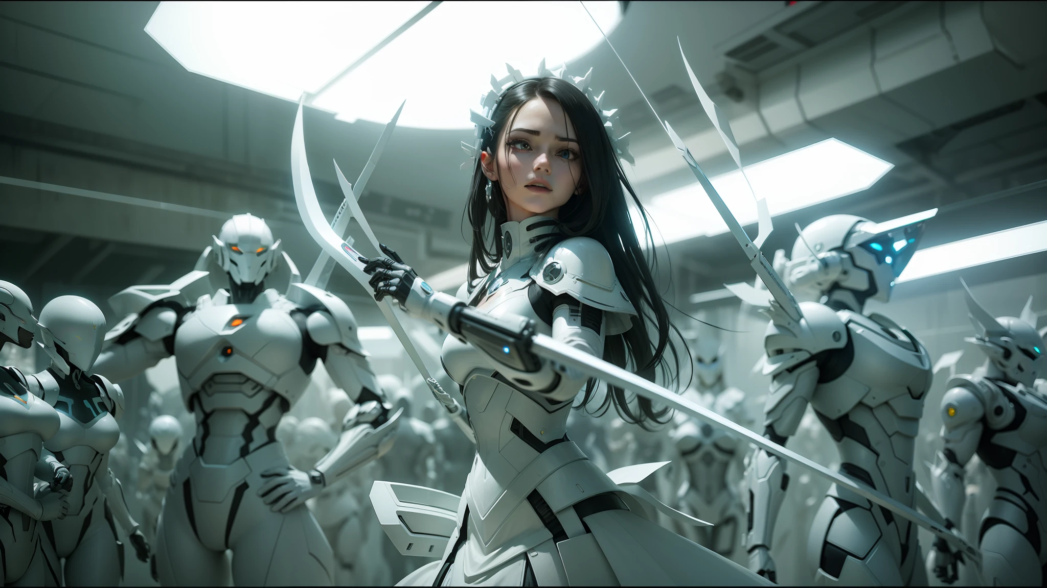 there is a woman in a white dress holding a sword, still from alita, bright white porcelain, cybernatic, contemporary dance, transformer robots (2005), swirling schools of silver fish, anamorphic, matrix ), promotional shot, biophilia, production photo, imagery, woman in a dark factory, visually stunning scene, cgsociety award, symmetry! futuristic robotic --ar 16:9 --auto --s2