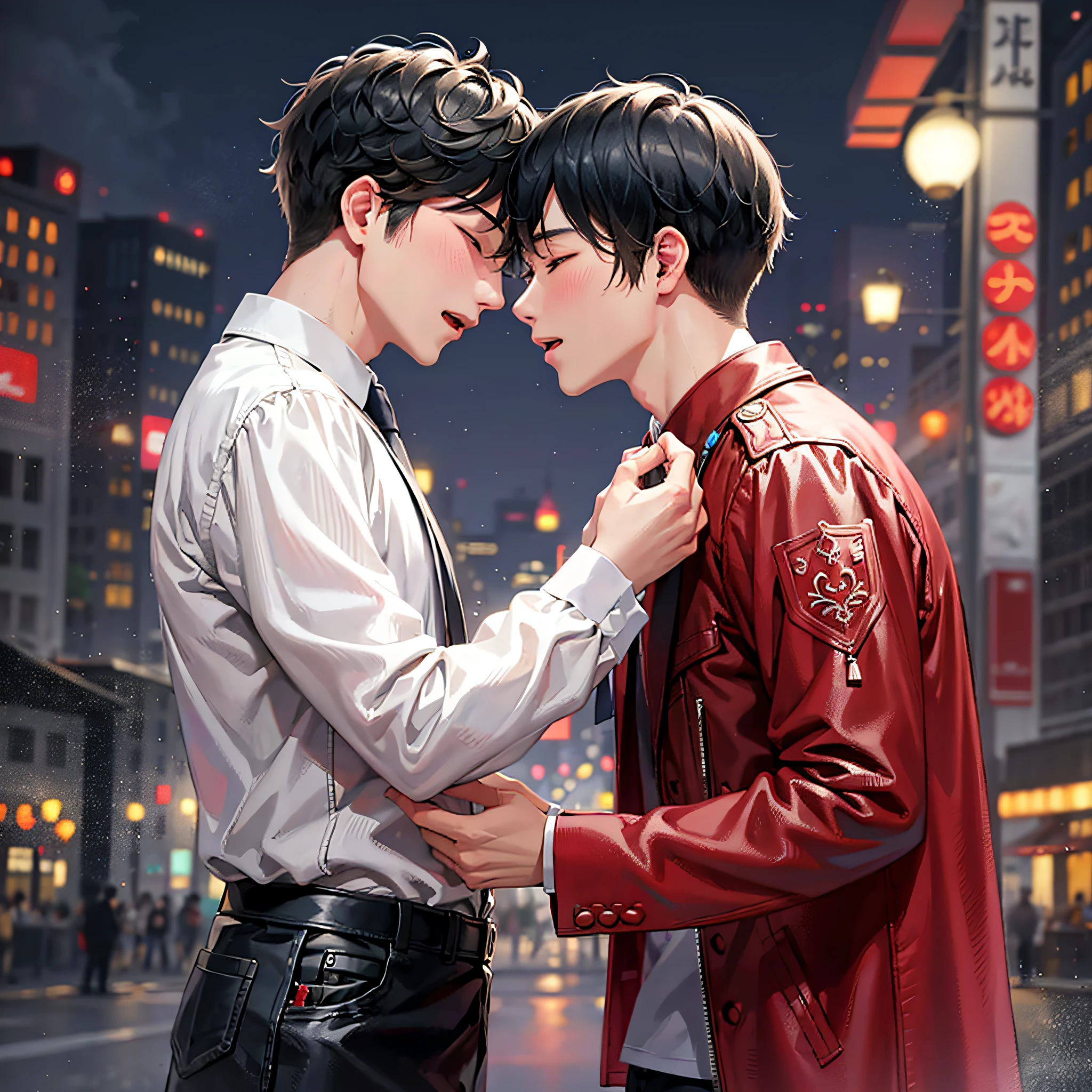 GAY COUPLE KOREAN MEN KISSING ROMANTICALLY IN A PARK AT NIGHT --auto --s2