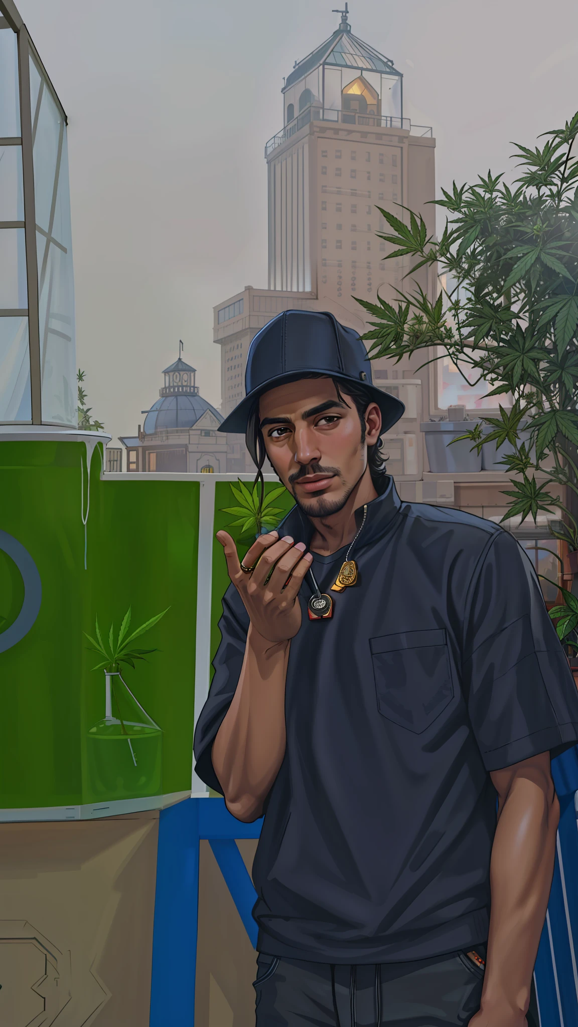 detailed face as ta in the image, add_detail, masterpiece, Yung Guedes is growing tall marijuana plants and getting high, smoky room, greenhouse, growing lights, drug paraphernalia,