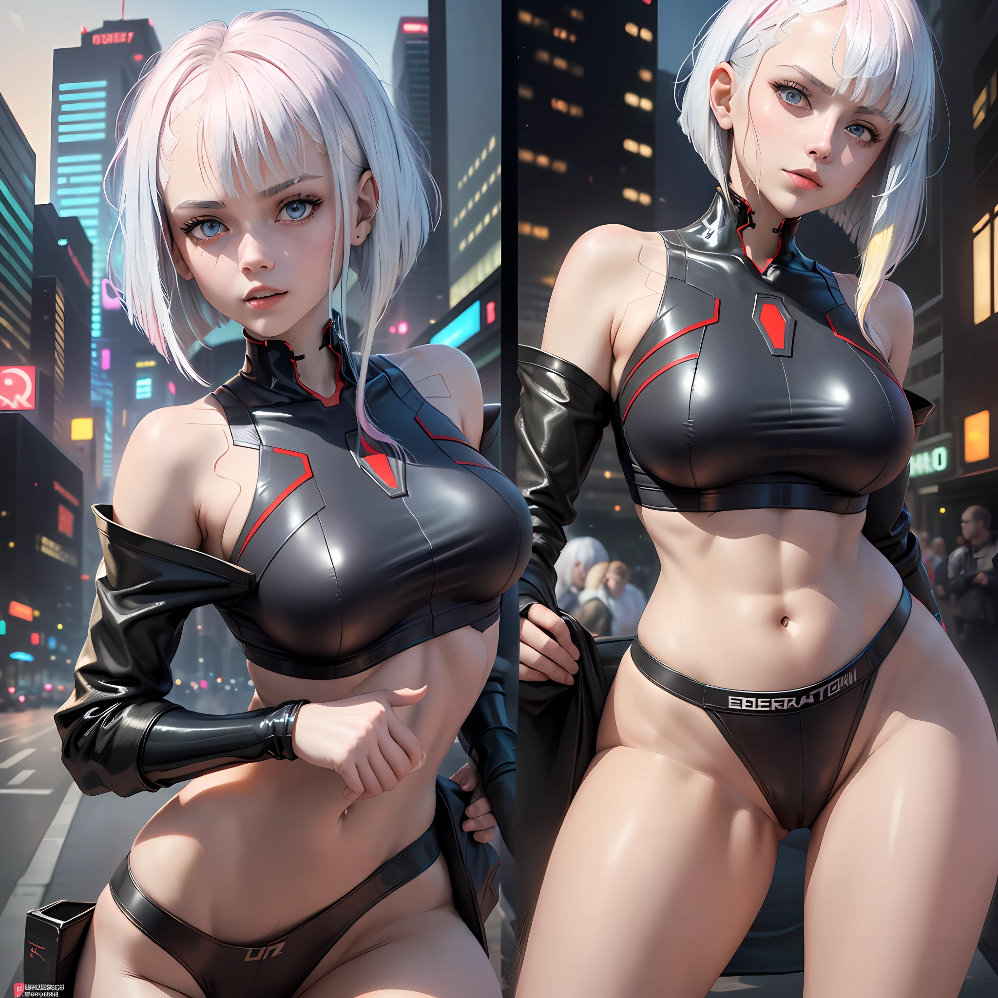 Cyberpunk Edgerunners, 1girl, Lucy \(cyberpunk\), blue eyes, cyber eyes,, pale skin, petite figure, (huge chest, wild girl, small head)), daylight, sunlight, (perfect body: 1,5), (young), (short wavy hair: 1,2), white hair, ((hair with bangs)), collar, full length, crowded street, wearing a tight cropped ((black latex sports bra), ((black latex panties) ),black latex panties, (extremely detailed CG 8k wallpaper), (an extremely delicate and beautiful), (masterpiece), (best quality: 1.0), (ultra high resolution: 1.0), gorgeous lighting, perfect flashes , realistic shadows, [high res], detailed skin, extremely detailed, pale skin, camel toe, barefoot, home on white coach,