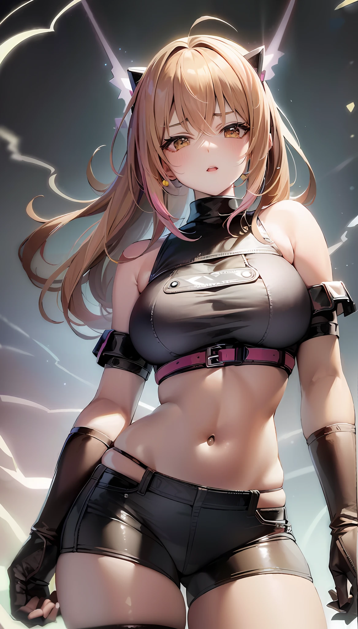 (masterpiece, best quality, hi-res:1.2), Effortlessly cool, soothing, serious expression,1girl, official art, anime, cowboyshot, a cute girl with lighting powers, pink electricity, (yellow )bright colors, kawaii, hands behind back, dynamic, action, best lighting, ultra detailed, beautiful and aesthetic, High quality, beautiful, masterpiece, best quality,