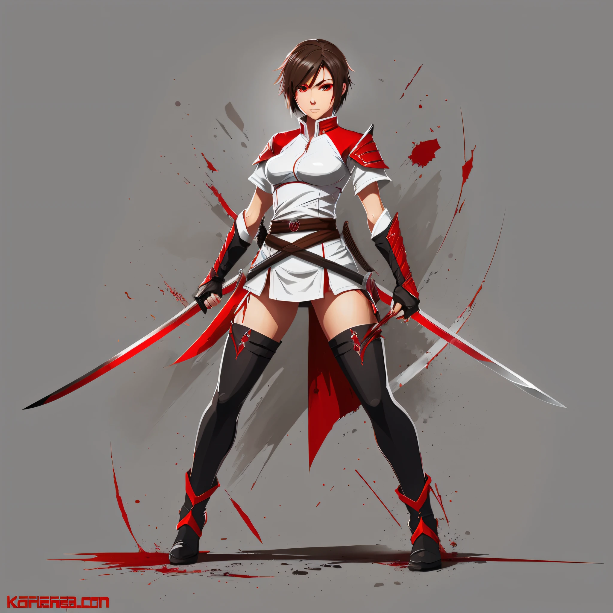 concept art, full body, ninja girl short brown hair, katana sword with red blade, white background, black and red clothes, dirty with blood