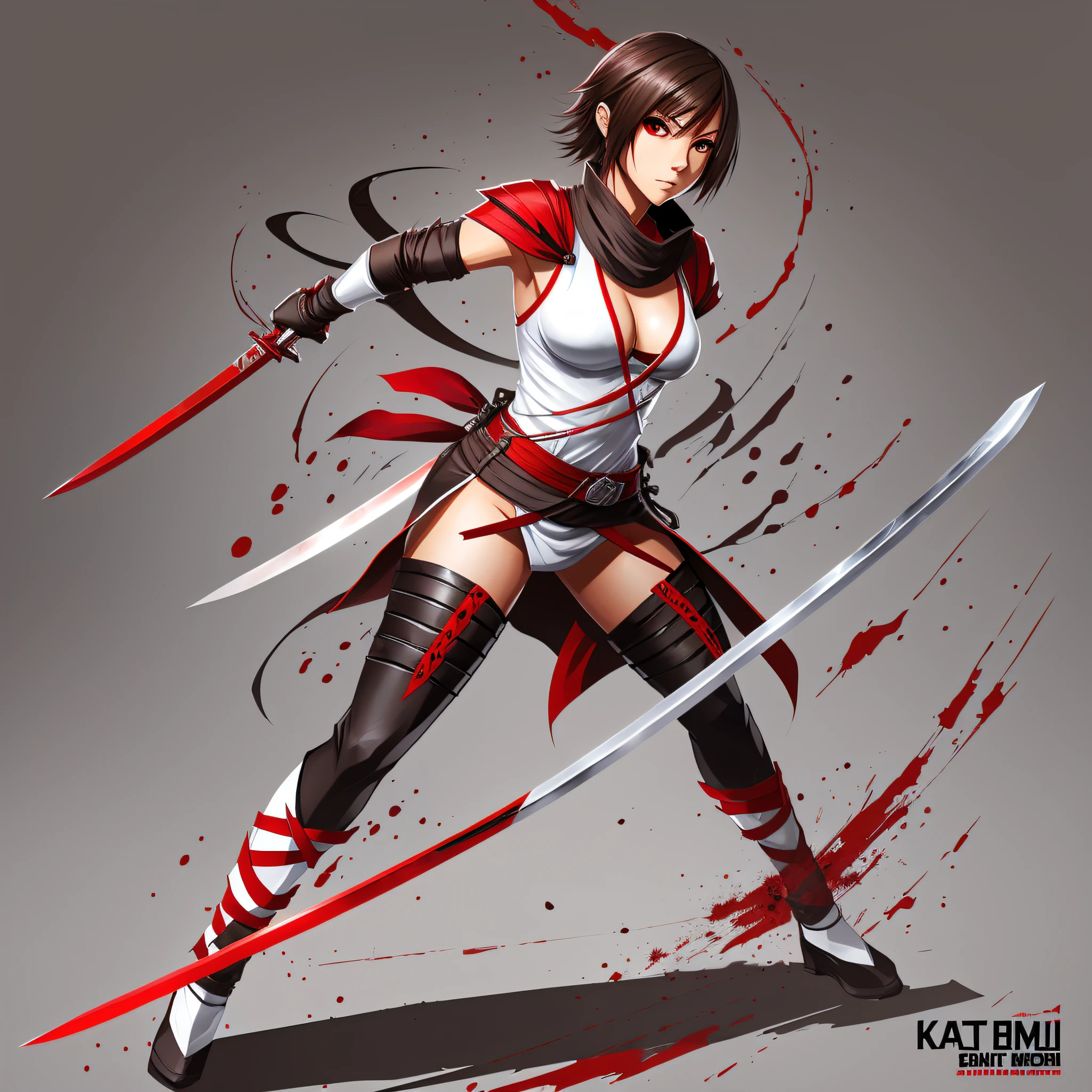 concept art, full body, ninja girl short brown hair, katana sword with red blade, white background, black and red clothes, dirty with blood