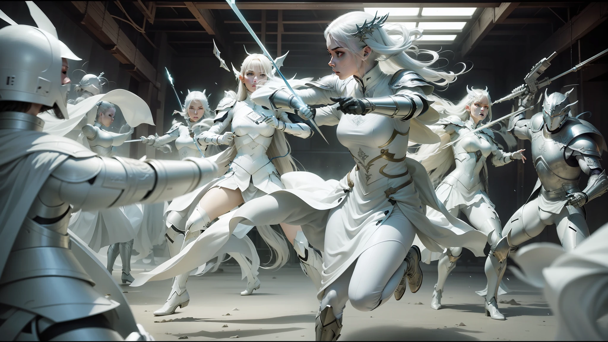there are many people in a room with armor and weapons, white cyborg fashion shot, still frame from a movie, ava max, tom bagshaw and tom richmond, clothed in ethereal battle armor, symmetric armor, tai chi, billboard image, white horse, avatar ( 2 0 0 9 ), desaturated cold color palette, galadriel, 2 0 1 5 live music video --ar 16:9 --auto --s2