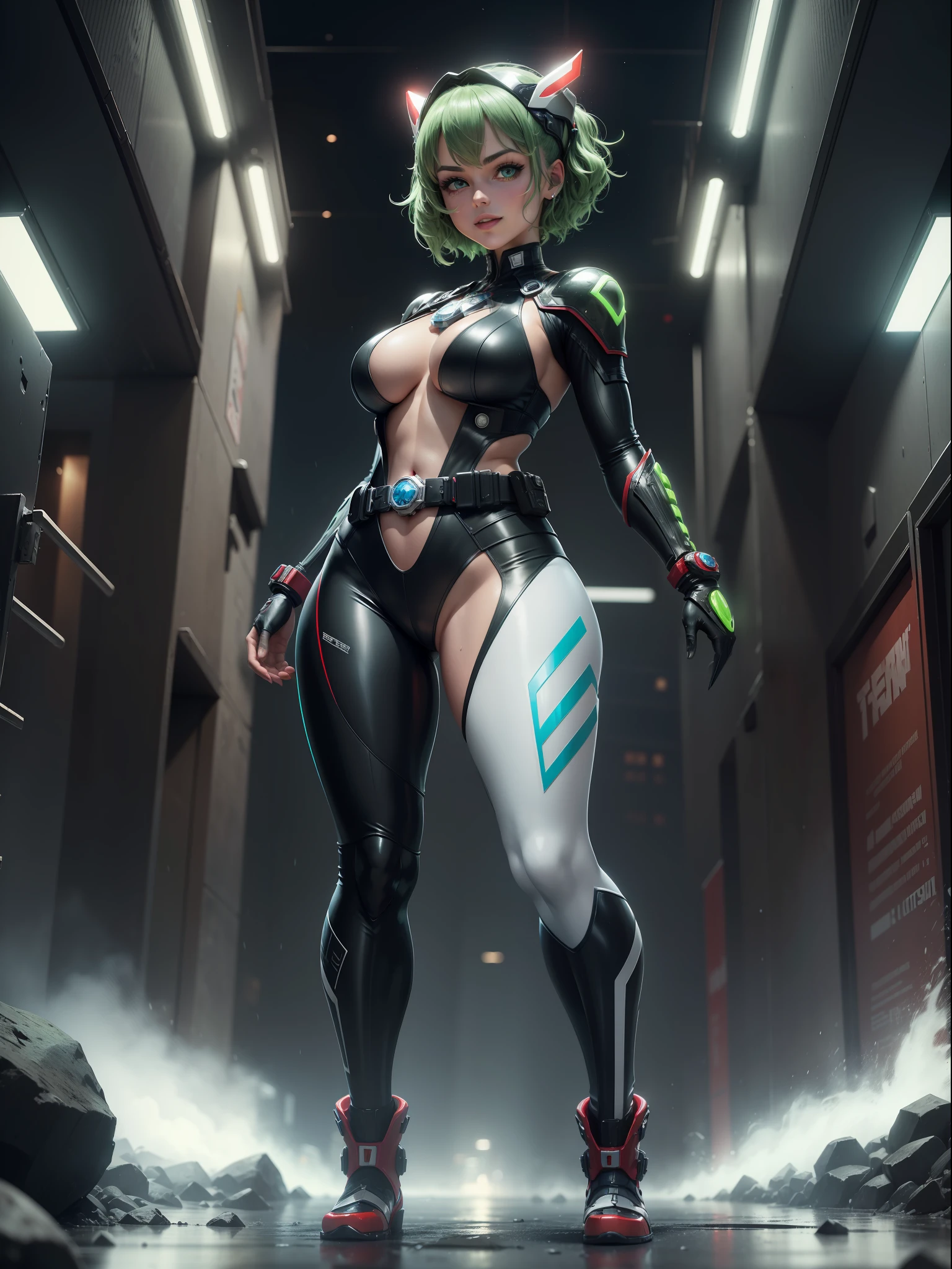 ((Full body shot, standing, feet on the ground)), ((Luana/Woman)) ({with large breasts, black with white parts/kamen Rider/Ultraman/futuristic/transparent cemi costume, with blue jewelry on the breastplate of the suit,/extremely tight on the body, belt with a red jewel in the center, helmet on the head}). In a futuristic city with heavy rain charged clouds in the night sky. Luana has (({short green hair with clips, blue eyes})), ({her hair and her clothes are extremely soaked}), exhibitionist landing, is (staring at the viewer, smiling). {red cheek, front}, Kamen Rider, Tokusatsu, anime, anime style, mortal kombat, 16k, UHD, best quality, high quality, award winning, anatomically correct, masterpiece