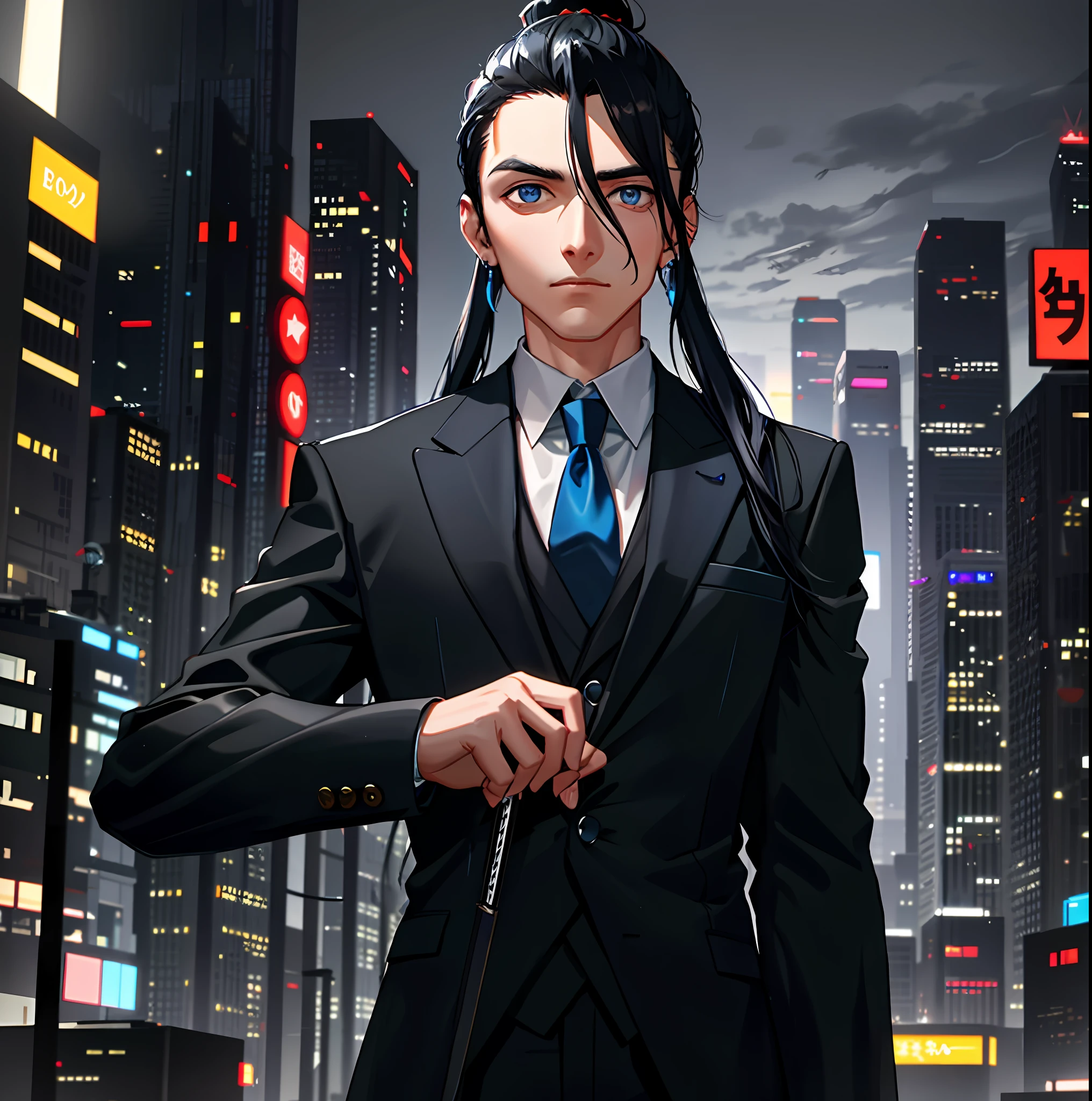 wide-shot, cool, a young man with medium-length black hair in a topknot style, blue eyes, earrings and a sword on his back, wearing a suit and tie, standing in front of a futuristic cityscape with neon lights and flying cars, a contract with the Future Devil visible on his right eye, 8k, cyberpunk