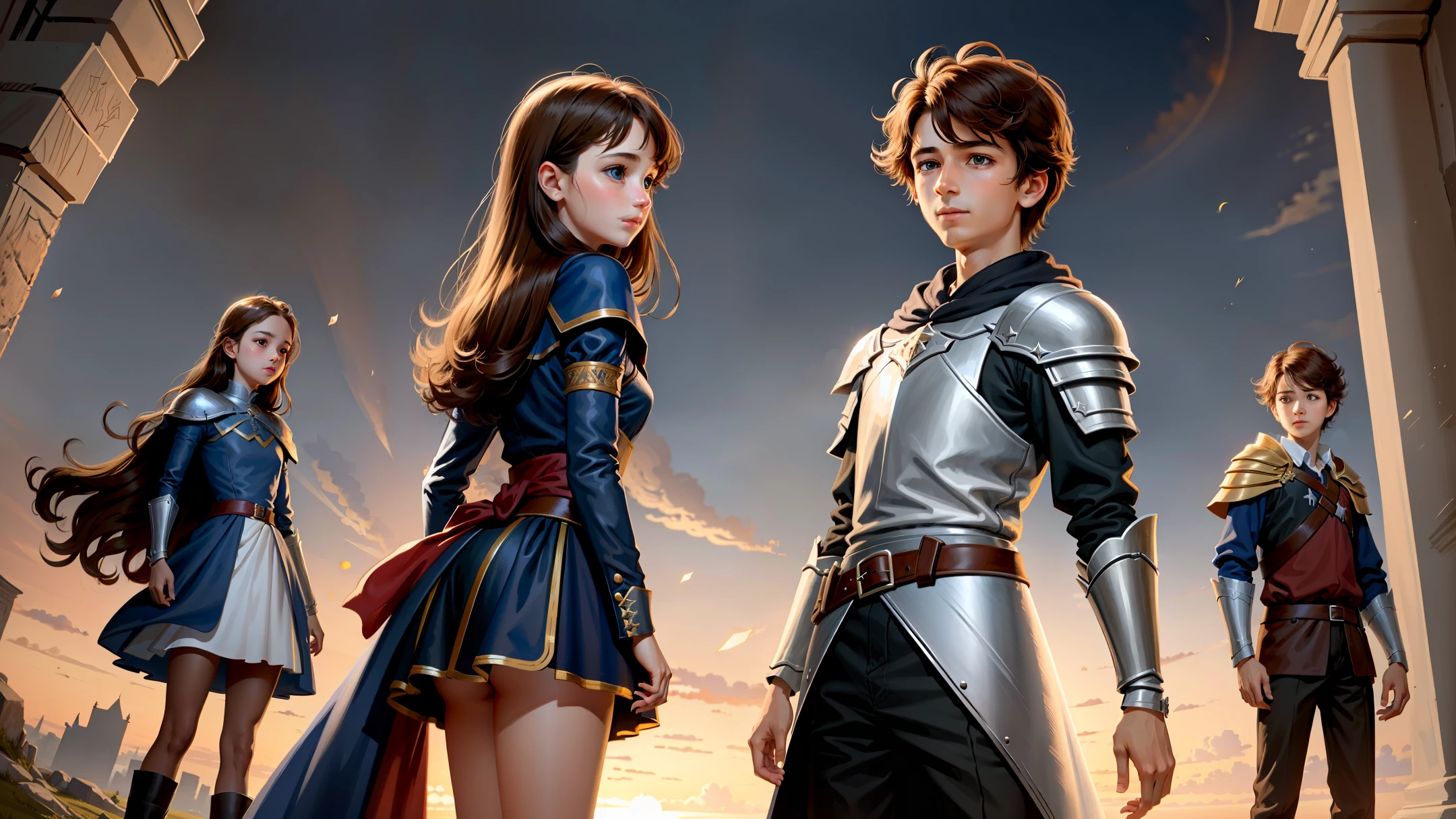 Create four young heroes: two girls and two boys, one couple is a sorcerer and the other is knights in a world of magic;