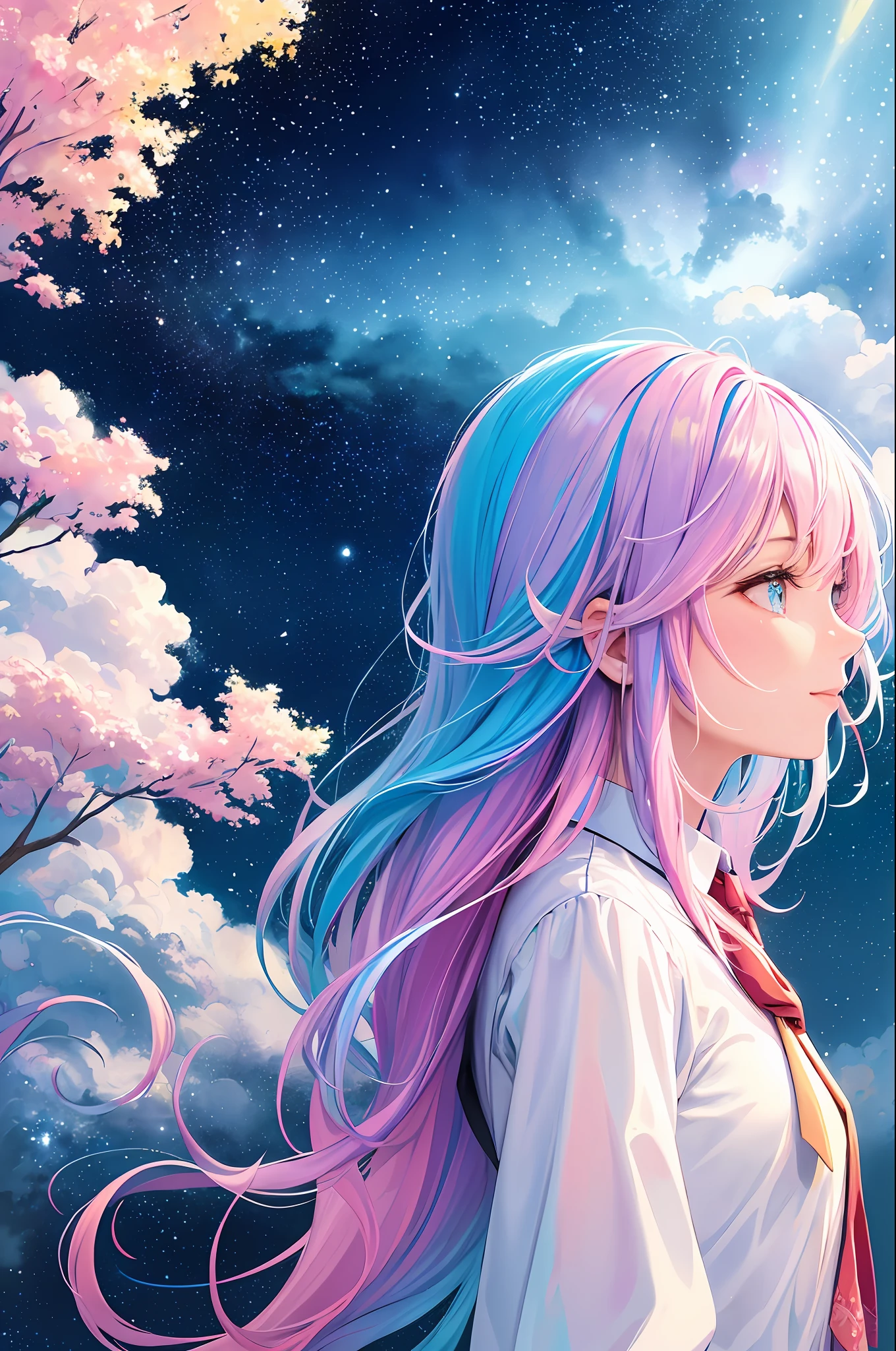(Masterpiece, Top Quality, Best Quality, Watercolor (Medium), Official Art, Beautiful and Aesthetic: 1.2), (1 Girl: 1.3), (Fractal Art: 1.3), Upper Body, From the Side, Look at the Viewer, Pattern, (Iridescent Hair, Colorful Hair, Half Blue and Half Pink Hair: 1.2), Water, Liquid, Clouds, Colorful, Starry Sky, Stars, School Uniform, Smile