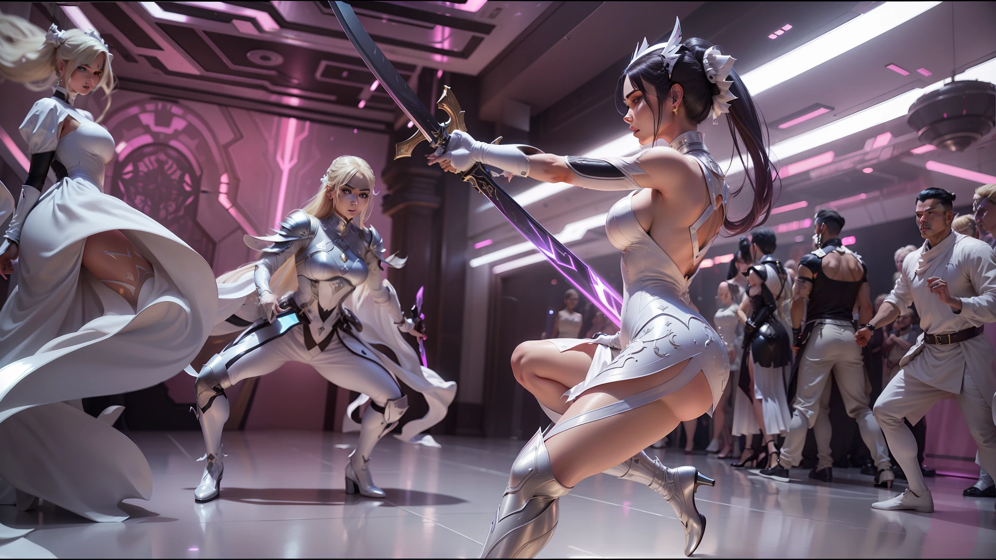 araffes in a futuristic setting with a sword and a woman in a dress, film still of kim kardashian, white gold color palette, tokio futuristic in background, wearing a pink ballroom gown, tekken, björk, gemma chan, janice sung, blonde female jedi, gloss, lilac --ar 16:9 --auto --s2
