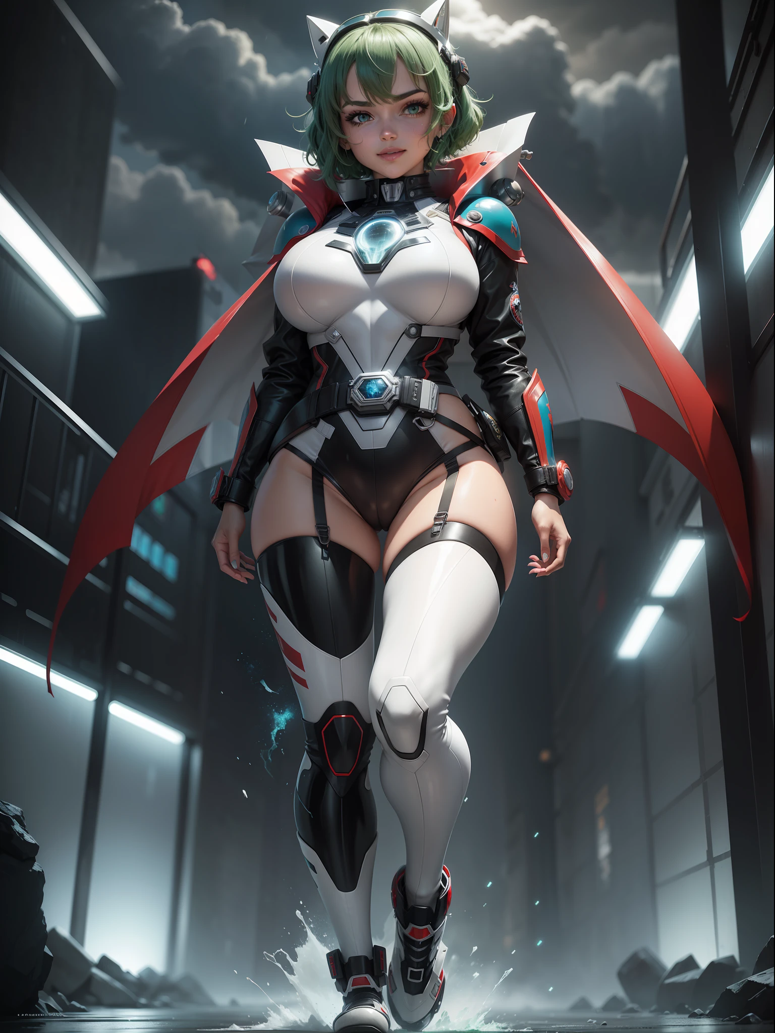 ((Full body shot, with feet on the ground, front view)), ((Luana/Woman)) ({with large breasts, black with white parts/kamen Rider/Ultraman/futuristic/transparent cemi costume, with blue jewelry on the breastplate of the suit,/extremely tight on the body, belt with a red jewel in the center, helmet on the head}). In a futuristic city with heavy rain charged clouds in the night sky. Luana has (({short green hair with clips, blue eyes})), ({her hair and her clothes are extremely soaked}), exhibitionist landing, is (staring at the viewer, smiling). {red cheek, front}, Kamen Rider, Tokusatsu, anime, anime style, mortal kombat, 16k, UHD, best quality, high quality, award winning, anatomically correct, masterpiece
