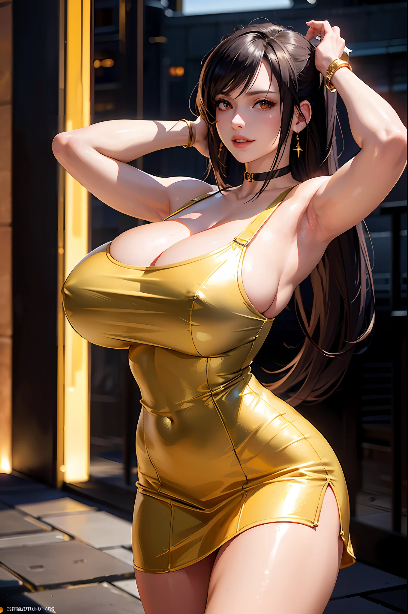 (8k, best quality, masterpiece:1.2), (realistic, photo-realistic:1.37), ultra-detailed, 1 girl,cute, solo, (tifa lockhart), (huge breasts:1.5),(beautiful detailed eyes), (smile:1.2), (closed mouth), erotic pose, dancing, outside an industrial factory, depth of field, dark intense shadows, sharp focus, depth of field, good composition, green glowing light, Final Fantasy VII, (golden dress:1.3), (black choker) full body, head rest, lips, pretty face, low-tied long hair, ((red_eyes:1.2)), (night:1.3), intricate, bokeh, cinematic lighting, photon mapping, radiosity, physically-based rendering, (Tetsuya Nomura style), nsfw, perfect breasts