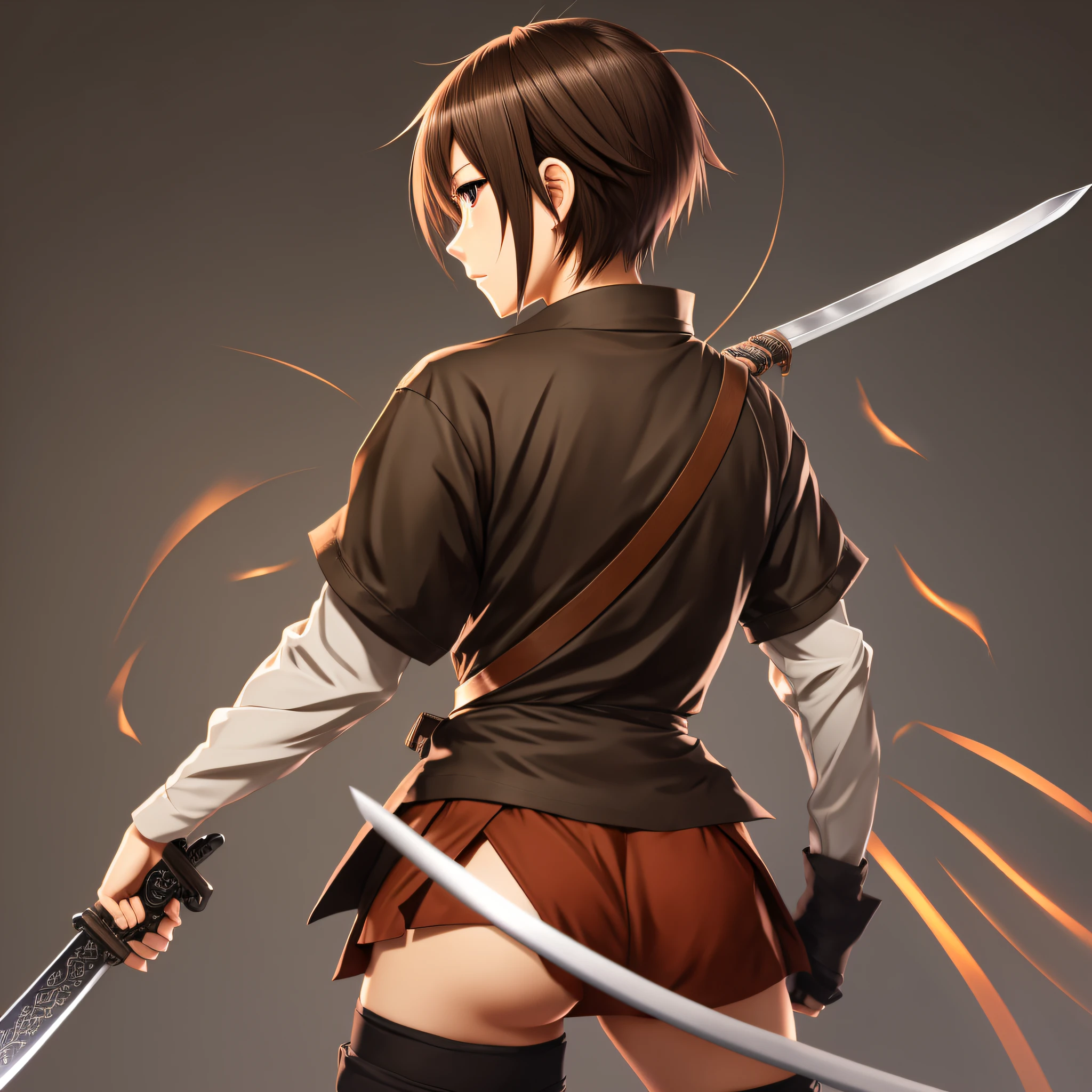 anime girl, back view, ninja with a katana sword, short brown hair,