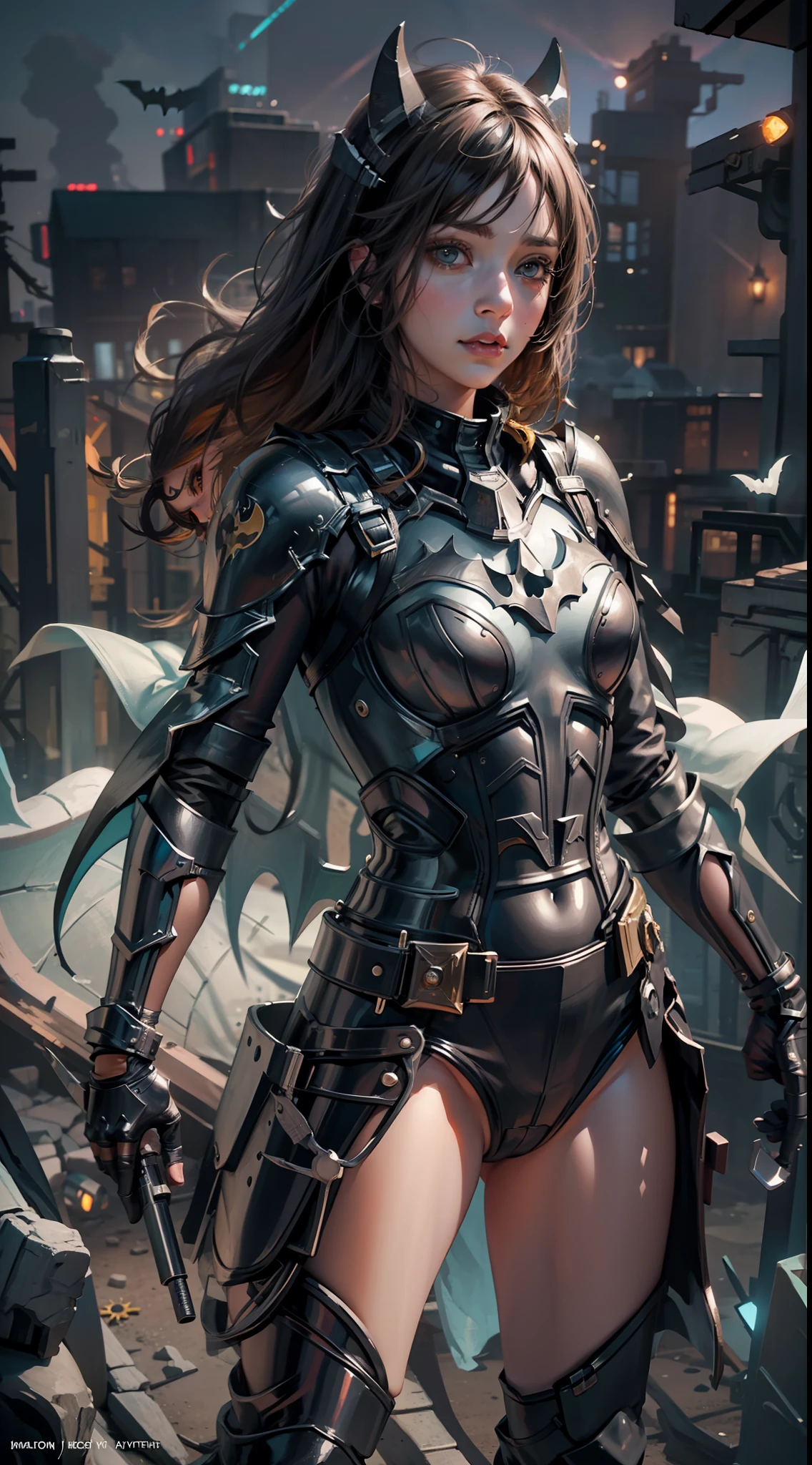 Female Batman, cute face, serious face, white batman armor, standing, post apocalytic dessert, night time, colorful background, UHD, side lighting, ultra realistic, ray tracing, full body must be shown
