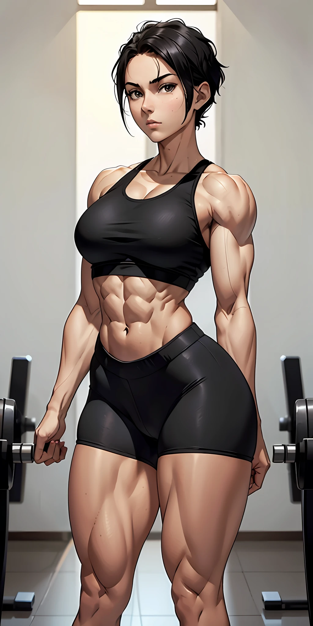Woman, beautiful face, serious face, short black hair, perfect body, fit body,small breasts, muscular, big thighs, cycling shorts,(background: court)