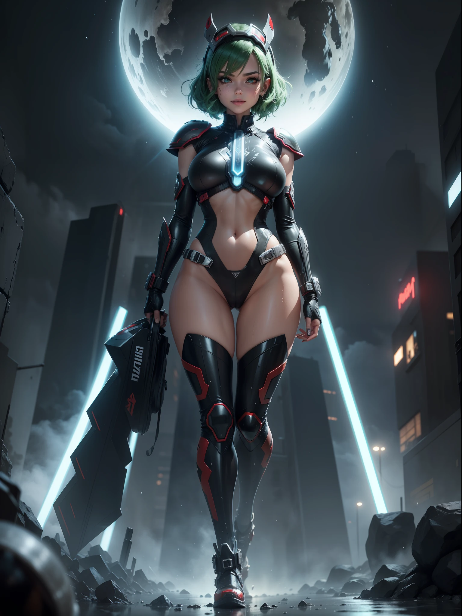 ((Full body shot, feet on the ground, front view)), ((Luana/Woman)) ({with large breasts, black with white parts/kamen Rider/Ultraman/futuristic/transparent cemi costume, with blue jewel on helmet breastplate on head, costume,/extremely tight on body, belt with a red jewel in the center}). In a futuristic city with heavy rain charged clouds in the night sky. Luana has (({short green hair with clips, blue eyes, her hair and her clothes are extremely soaked, exhibitionist landing})), is (staring at the viewer, smiling). {red cheek, front}, Kamen Rider, Tokusatsu, anime, anime style, mortal kombat, 16k, UHD, best quality, high quality, award winning, anatomically correct, masterpiece