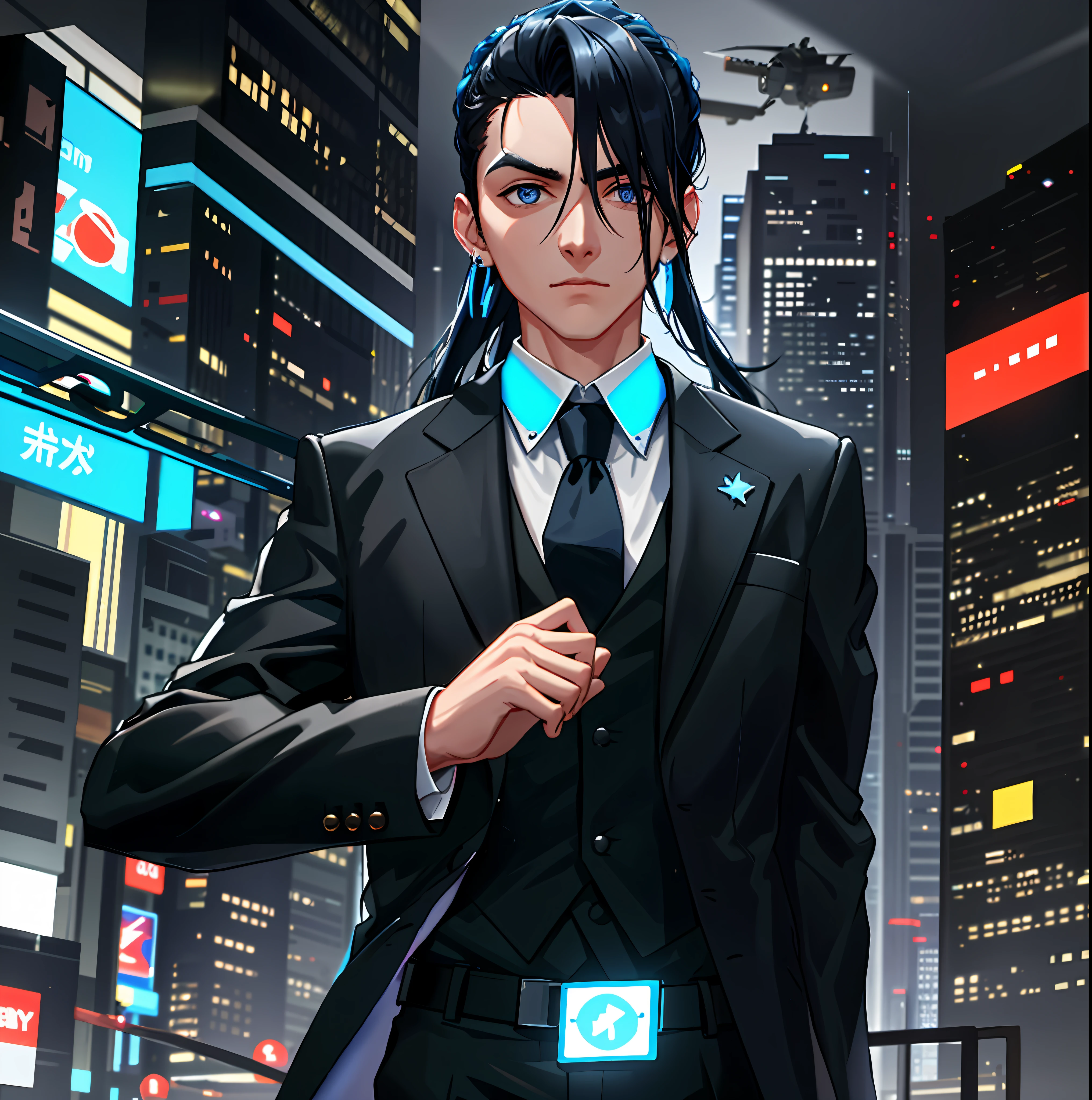 wide-shot, cool, a young man with medium-length black hair in a topknot style, blue eyes, earrings and a sword on his back, wearing a suit and tie, standing in front of a futuristic cityscape with neon lights and flying cars, a contract with the Future Devil visible on his right eye, 8k, cyberpunk