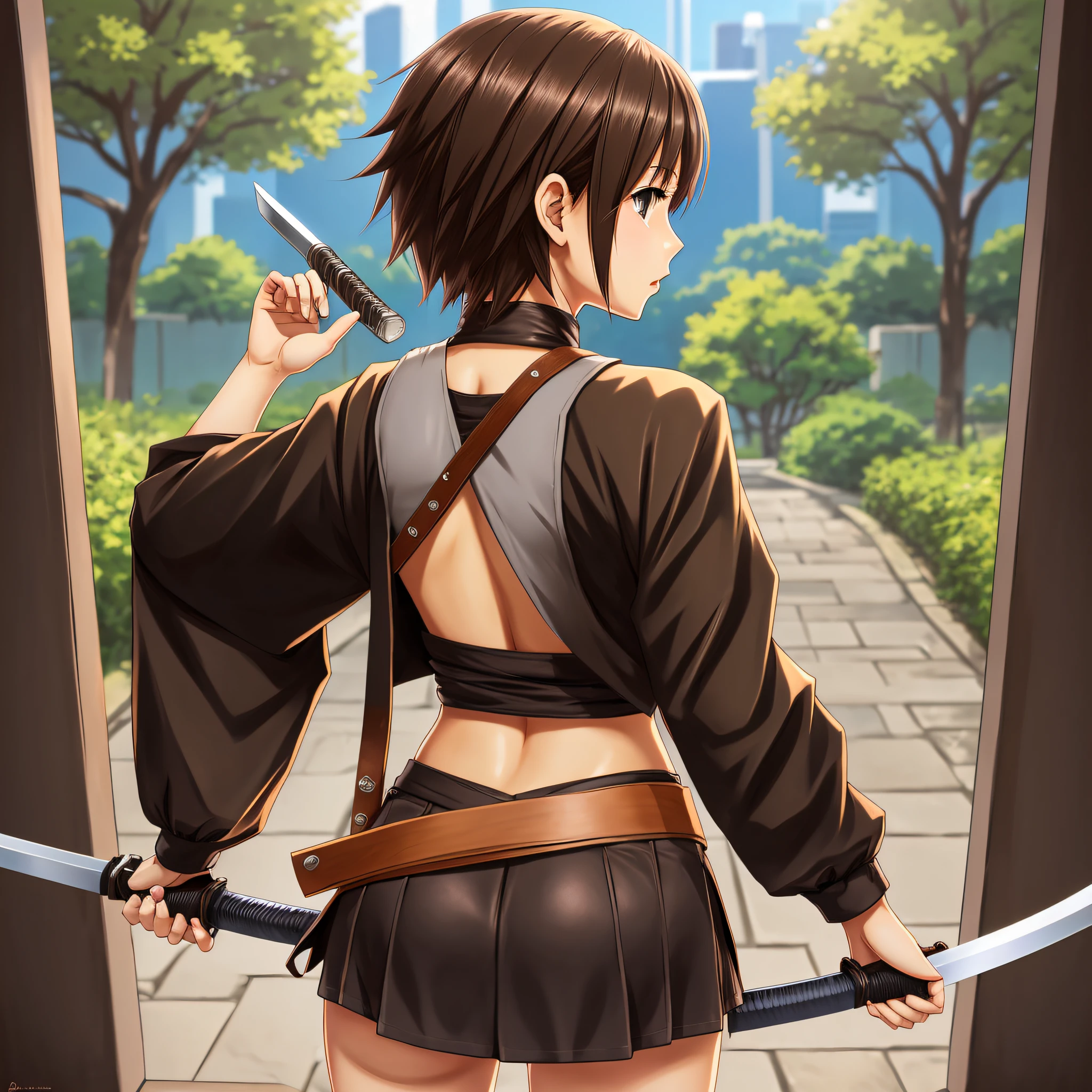 anime girl, back view, ninja with a katana sword, short brown hair,