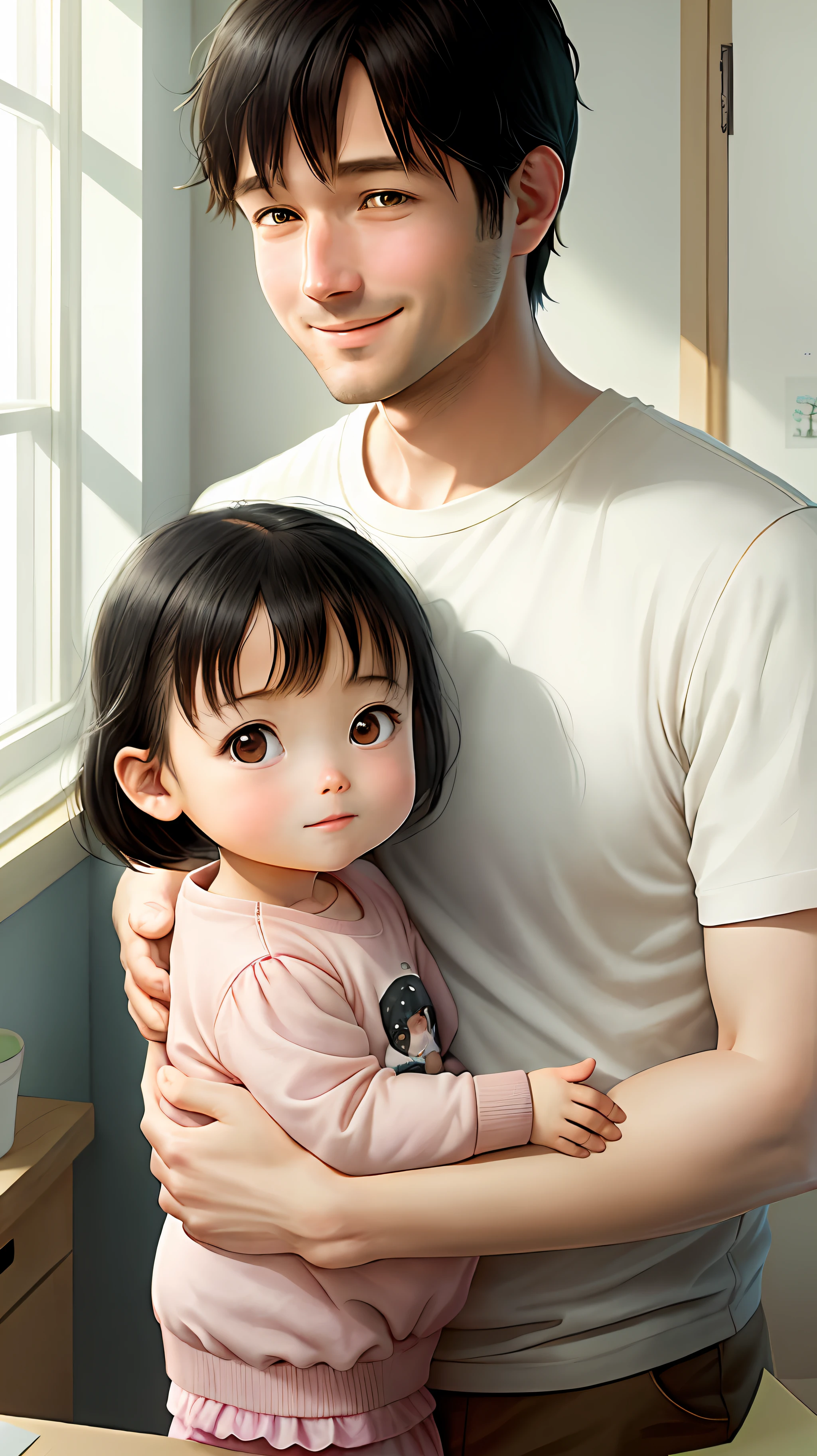 Anime  girl, pink clothes, black hair, beige skin, in the arms of father, father with white shirt, smile, close-up, father and daughter gaze at each other, in the babym, window, morning, warm background, detailed face, colored pencils, Japanese manga / manga, country style, prairie, CG society, dreamworks pictures, Jon Klassen, best picture quality