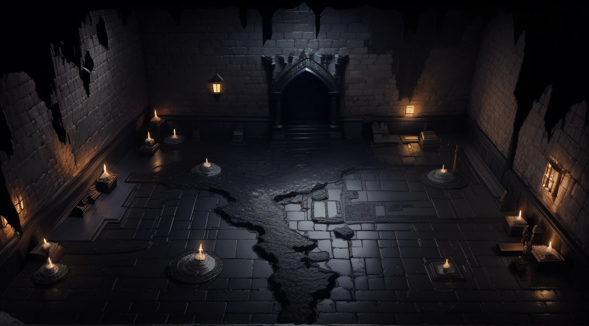 black castle room with melting wax on the walls, rpg scenery map, top view --auto --s2