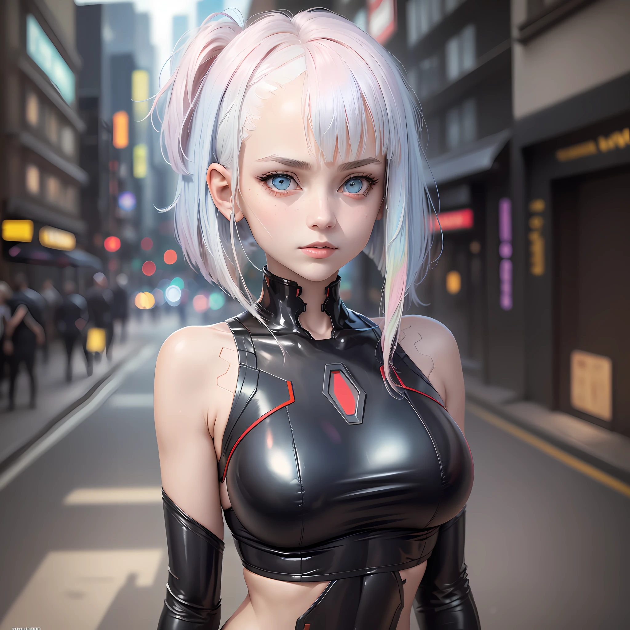 Cyberpunk Edgerunners, 1girl, Lucy \(cyberpunk\), blue eyes, cyber eyes,, pale skin, petite figure, (huge chest, wild girl, small head)), daylight, sunlight, (perfect body: 1,5), (young), (short wavy hair: 1,2), white hair, ((hair with bangs)), collar, full length, crowded street, wearing a tight cropped ((black latex sports bra), ((black latex panties) ),black latex panties, (extremely detailed CG 8k wallpaper), (an extremely delicate and beautiful), (masterpiece), (best quality: 1.0), (ultra high resolution: 1.0), gorgeous lighting, perfect flashes , realistic shadows, [high res], detailed skin, extremely detailed, pale skin, camel toe, barefoot, home on white coach,