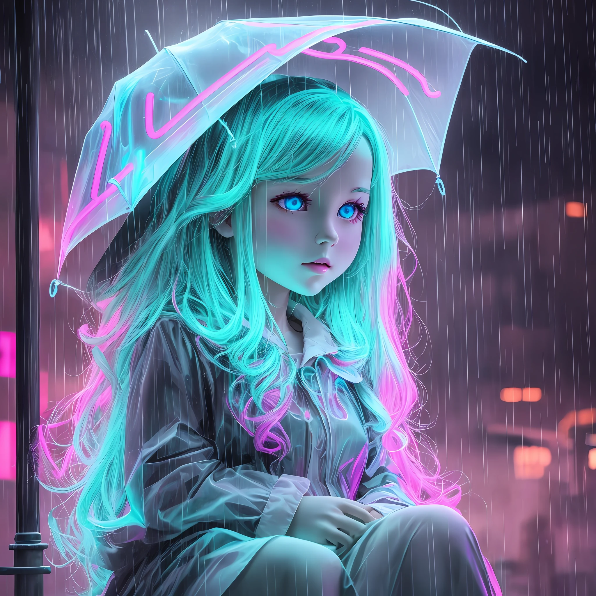 (high quality), (neon) ghost coming out of the mouth of a doll sitting in the rain