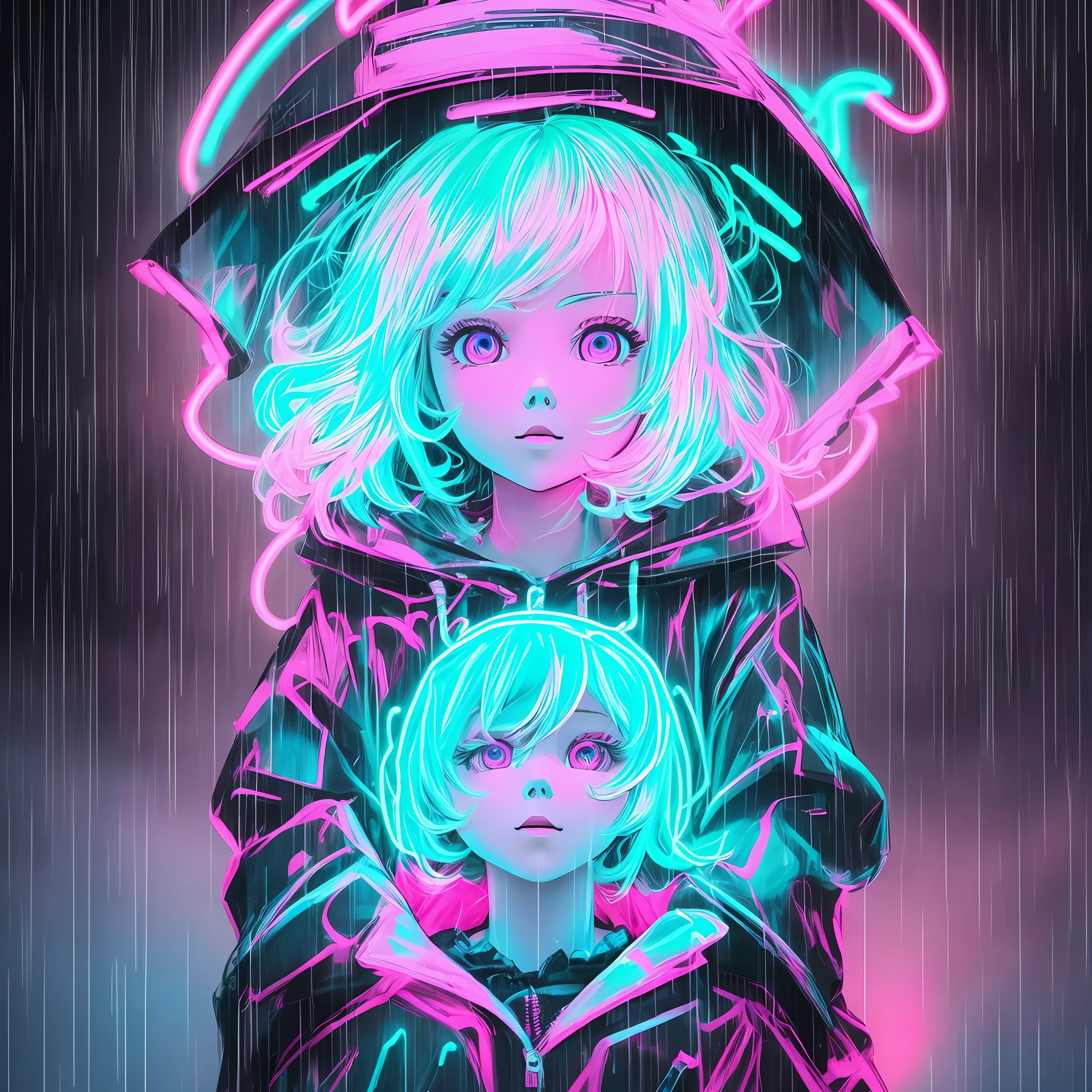 (high quality), (neon) ghost coming out of the mouth of a doll sitting in the rain