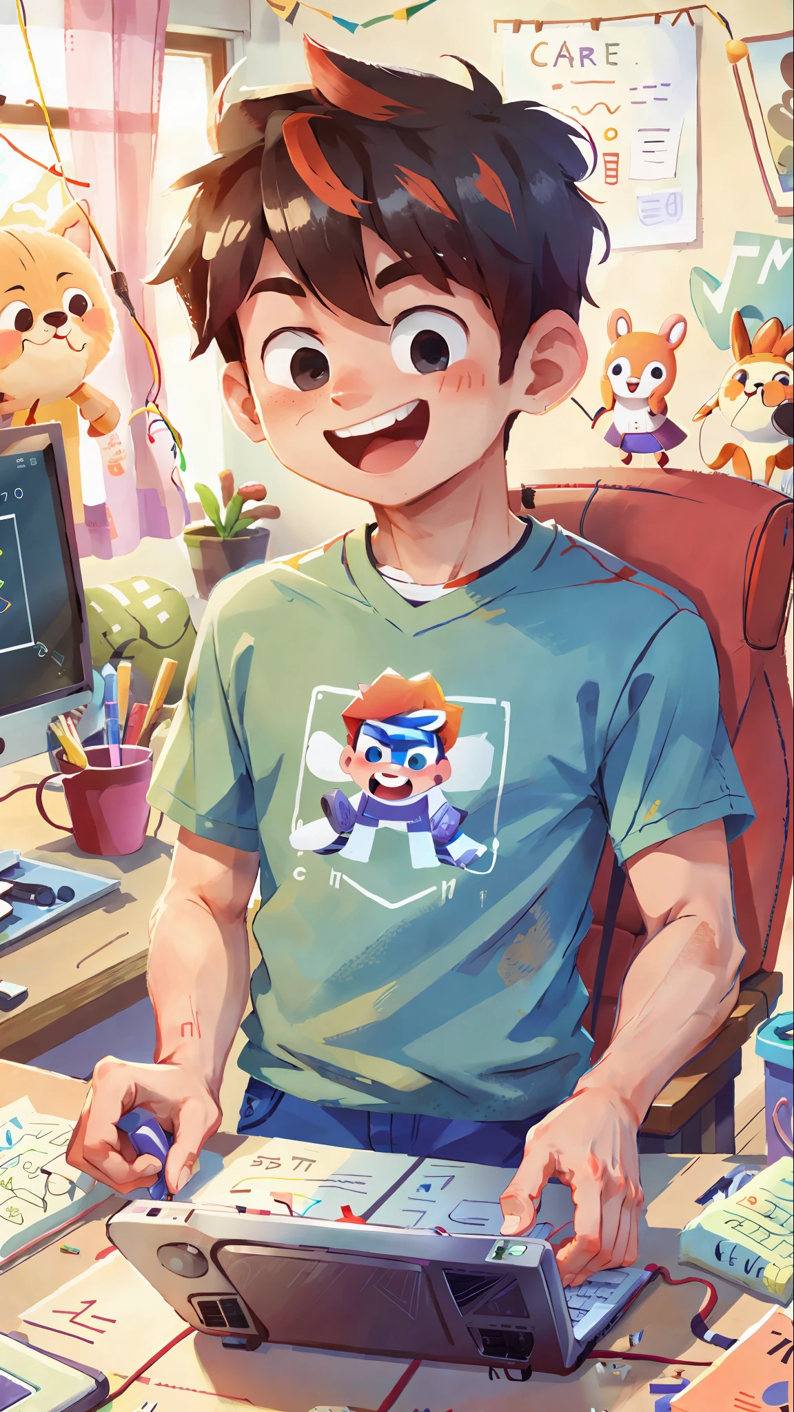 (SFW), a male college student, playing computer games, happy, happy, perfect quality, clear focus, colorful, perfect face, wide angle lens, a vertical composition, 8k --v 6