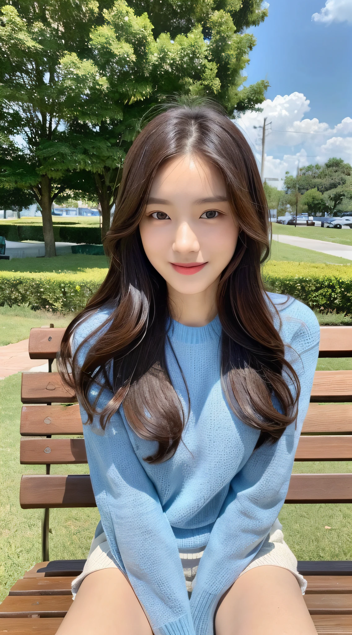 ((Top Quality, 16k, Masterpiece: 1.3)), Focus: 1.2, Perfect Body: 1.2, Big, Slender Abs, (Detailed Face and Skin Texture, Small Face, Delicate Eyes, Double Eyelids, Light Smile), (Long Brown Hair), (Sky Blue Color Sweater), (Park White Bench, Sitting), From the Front, Above the Knee, Full Body