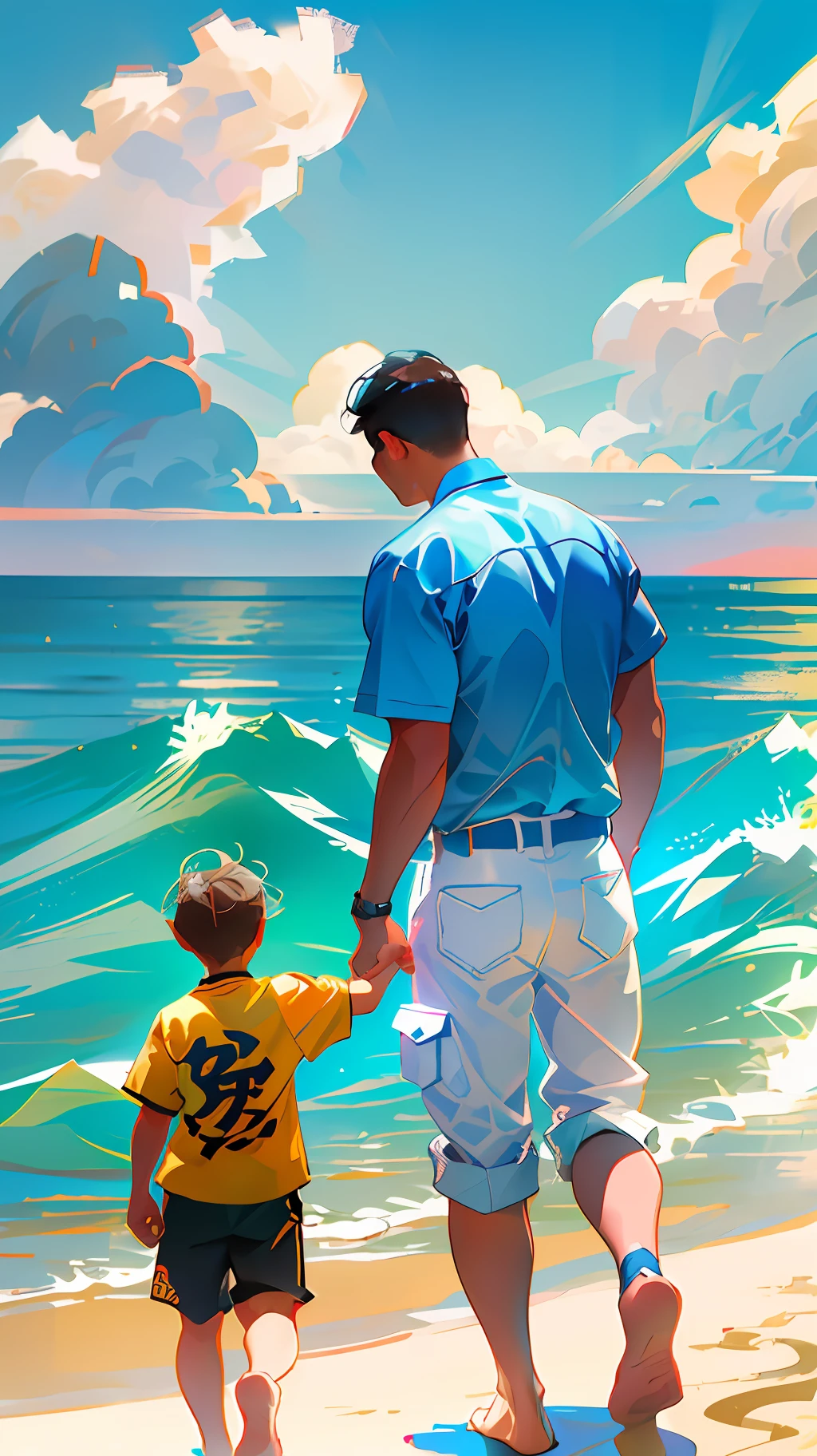 Illustration poster,, graphic illustration, Father's Day, Asian, middle-aged father and son,; The back of two people, shirt, middle-aged father leading the child, seaside, sunny, blue sky and white clouds, sand, bright colors, high saturation, contour light, warm and bright, colorful, HD 8K --v6