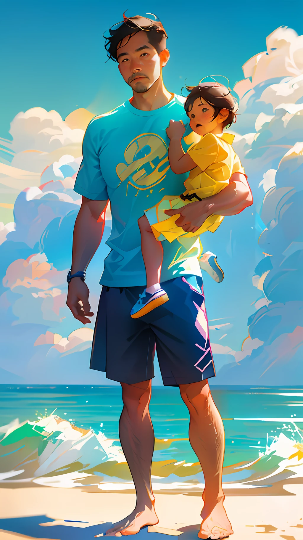 Illustration poster,, graphic illustration, Father's Day, Asian, middle-aged father and son,; The back of two people, shirt, middle-aged father leading the child, seaside, sunny, blue sky and white clouds, sand, bright colors, high saturation, contour light, warm and bright, colorful, HD 8K --v6