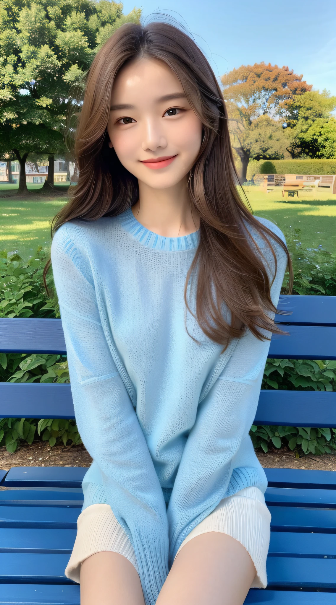 ((Top Quality, 16k, Masterpiece: 1.3)), Focus: 1.2, Perfect Body: 1.2, Slender Abs, (Detailed Face and Skin Texture, Small Face, Delicate Eyes, Double Eyelids, Light Smile), (Long Brown Hair), (Sky Blue Color Sweater), (Park Bench, Sitting), From the Front, Above the Knee, Full Body