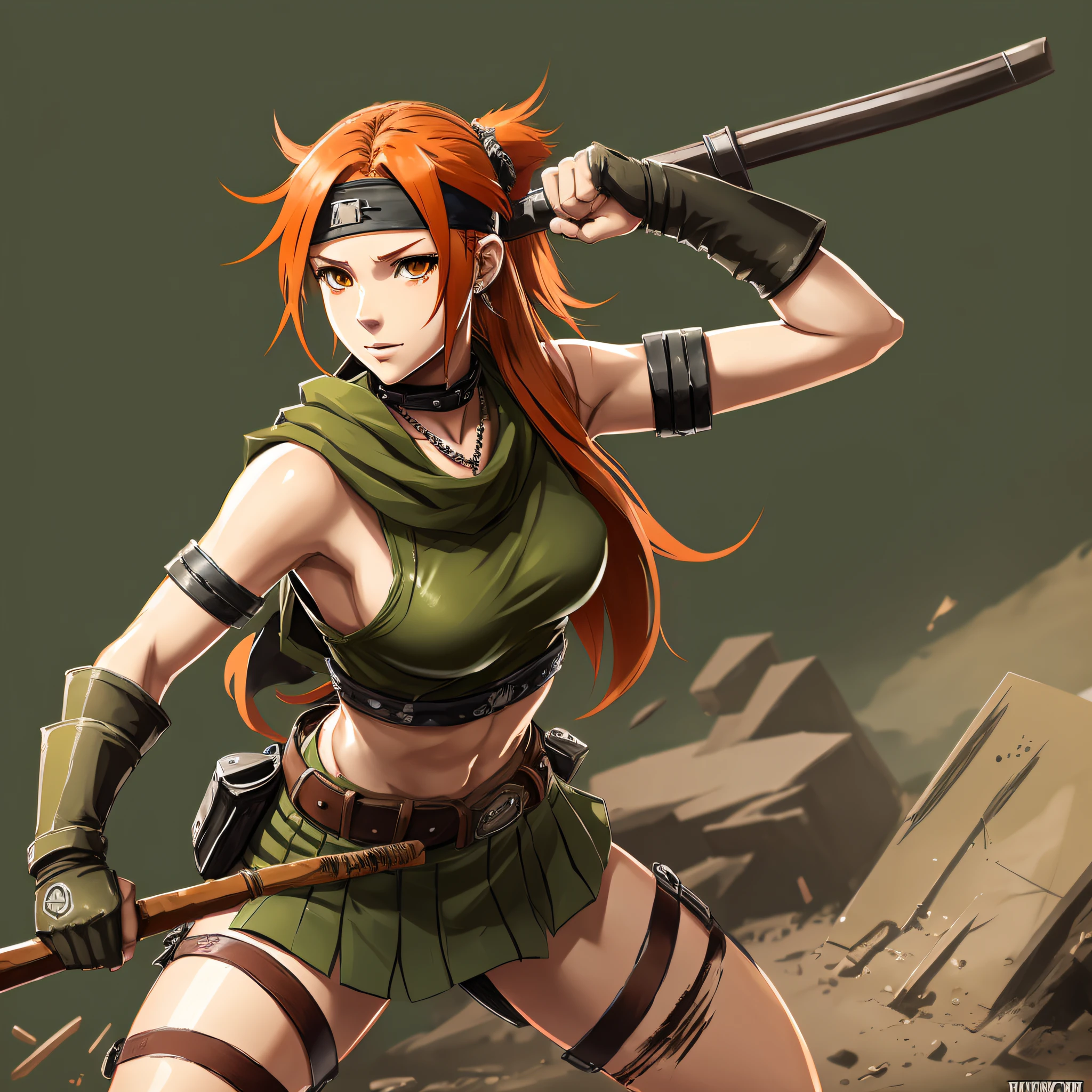 concept art, anime girl, full body, orange red hair, wearing a fighting stick, dirty, survivor, with leather gloves, appropriate clothing for fighting martial arts, olive green clothing, wearing bandana on head, tiger tooth necklace