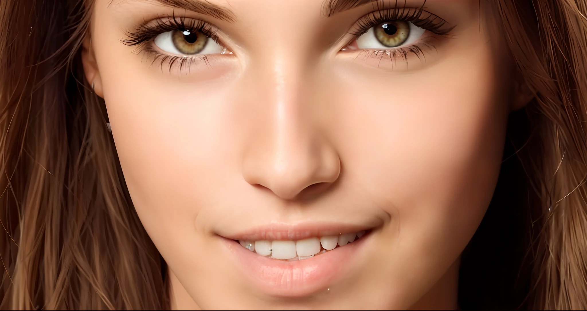 a close up of a woman with long brown hair and a smile, attractive female face!!!, smooth facial features, attractive facial features, delicate facial features, perfect facial features, beautiful facial features, close-up perfect face, prominent cheekbones, beautiful fine face features, bright piercing brown eyes, delicated facial features, clear facial features, soft facial features