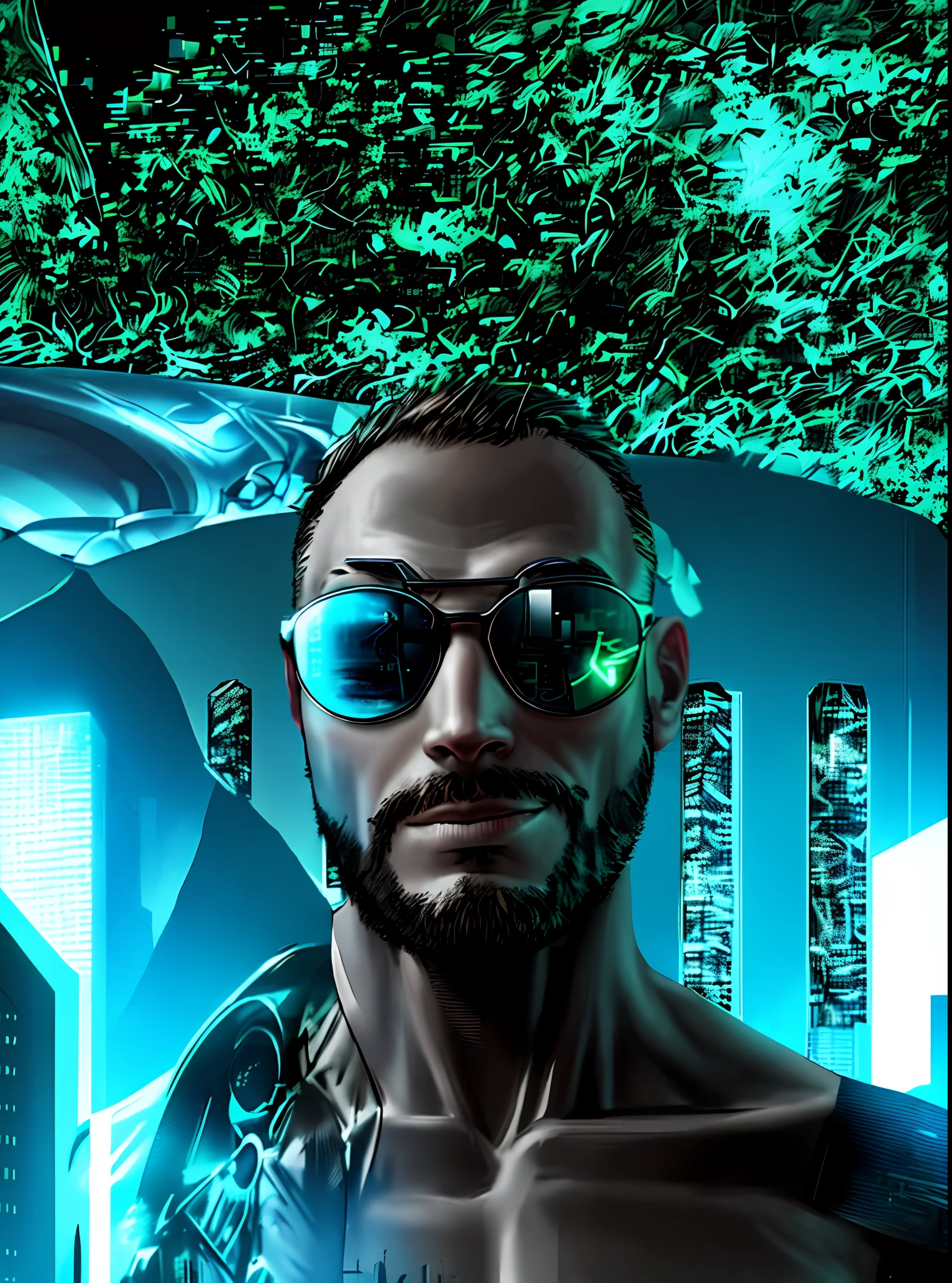 A humanoid cyborg in a dystopian urban setting, with tall buildings and bright neon in the background.