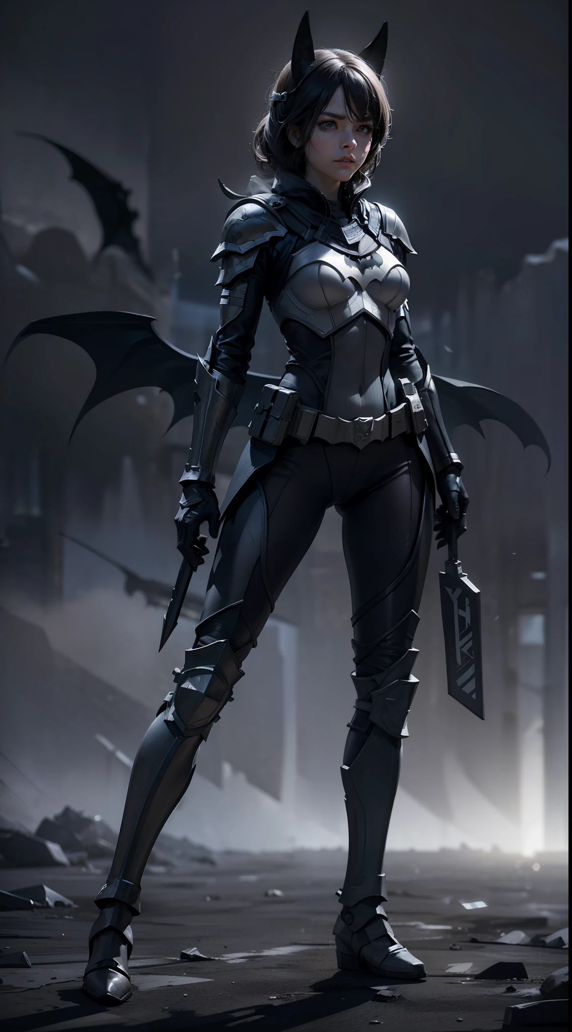 Female Batman, cute face, serious face, white batman armor, standing, post apocalytic dessert, night time, colorful background, UHD, side lighting, ultra realistic, ray tracing, full body must be shown