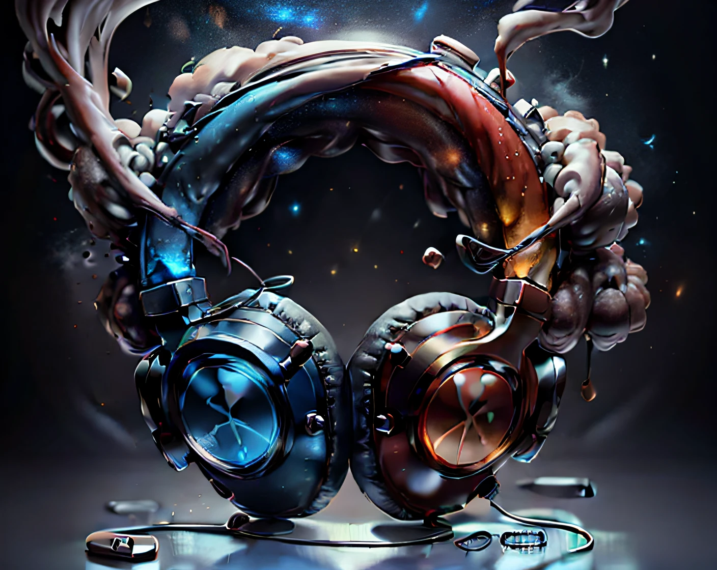 headphone with background showing the colors of the universe in the form of smoke make basic corrections in the shape of the headphone and the wires,