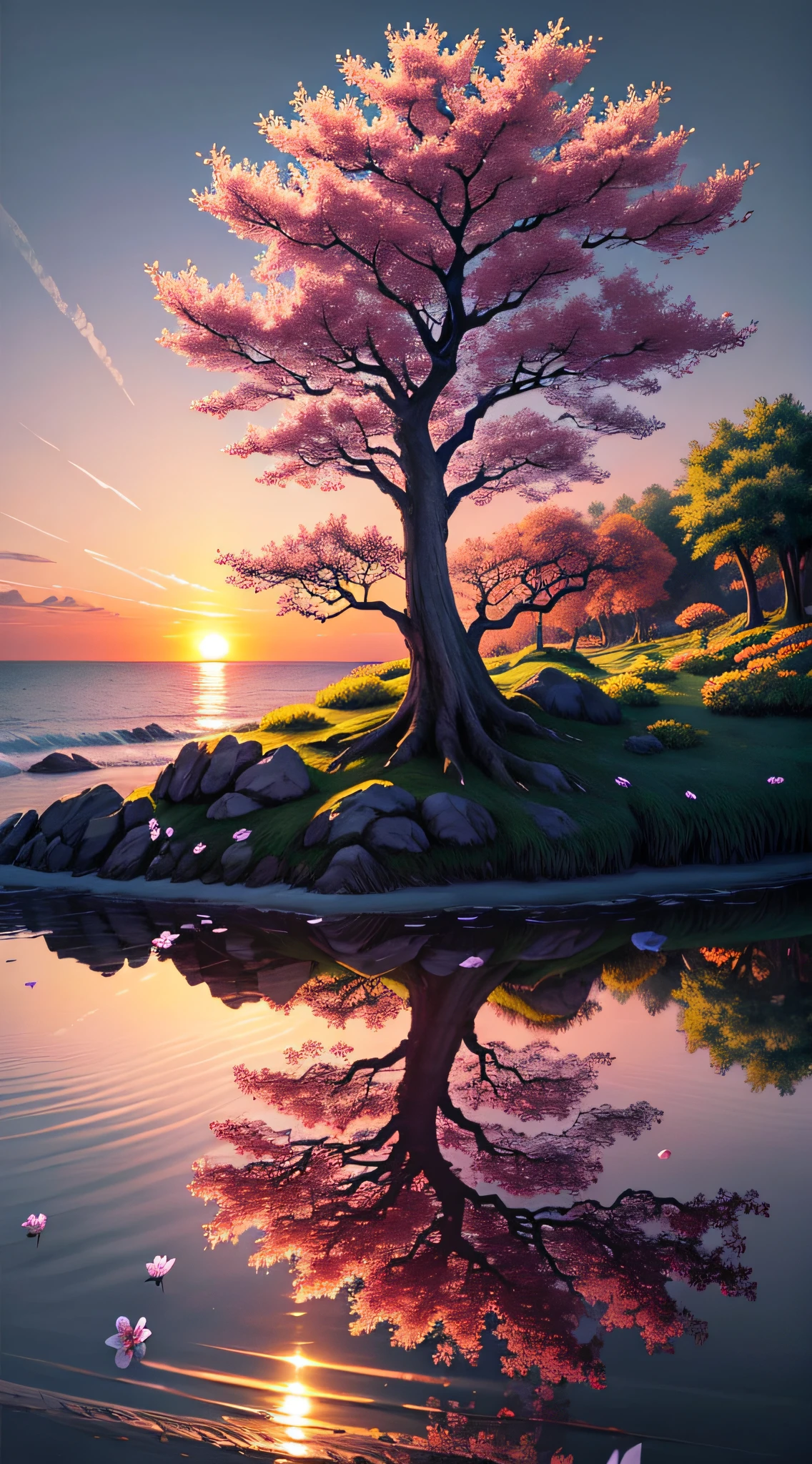 nature, detailed lighting, sea of flowers, sky, sunset, breeze, defoliation, tree of life,