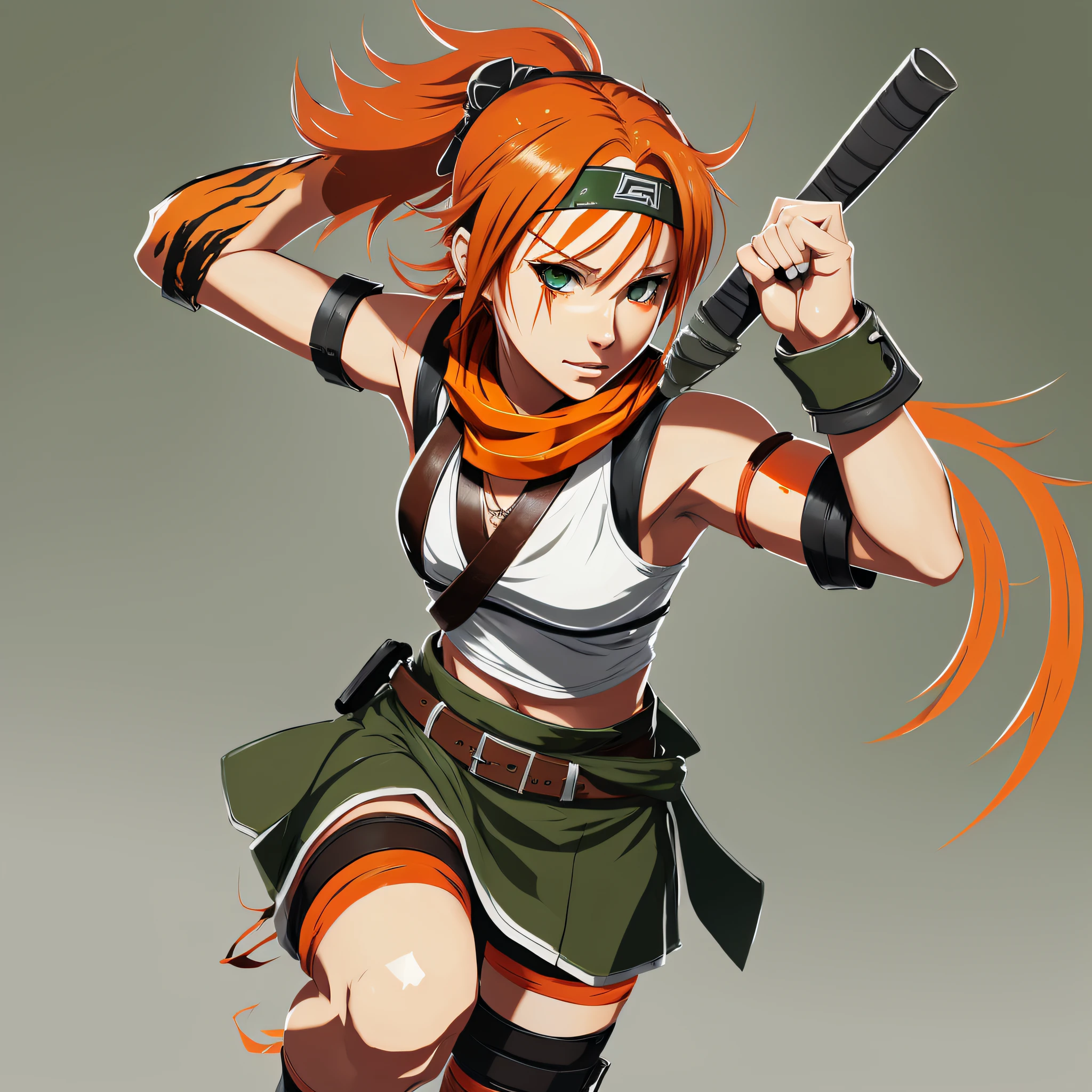 concept art, white background, anime girl, full body, orange red hair, wearing a fighting stick, dirty, survivor, with leather gloves, appropriate clothing for fighting martial arts, olive green clothing, wearing bandana on head, tiger tooth necklace