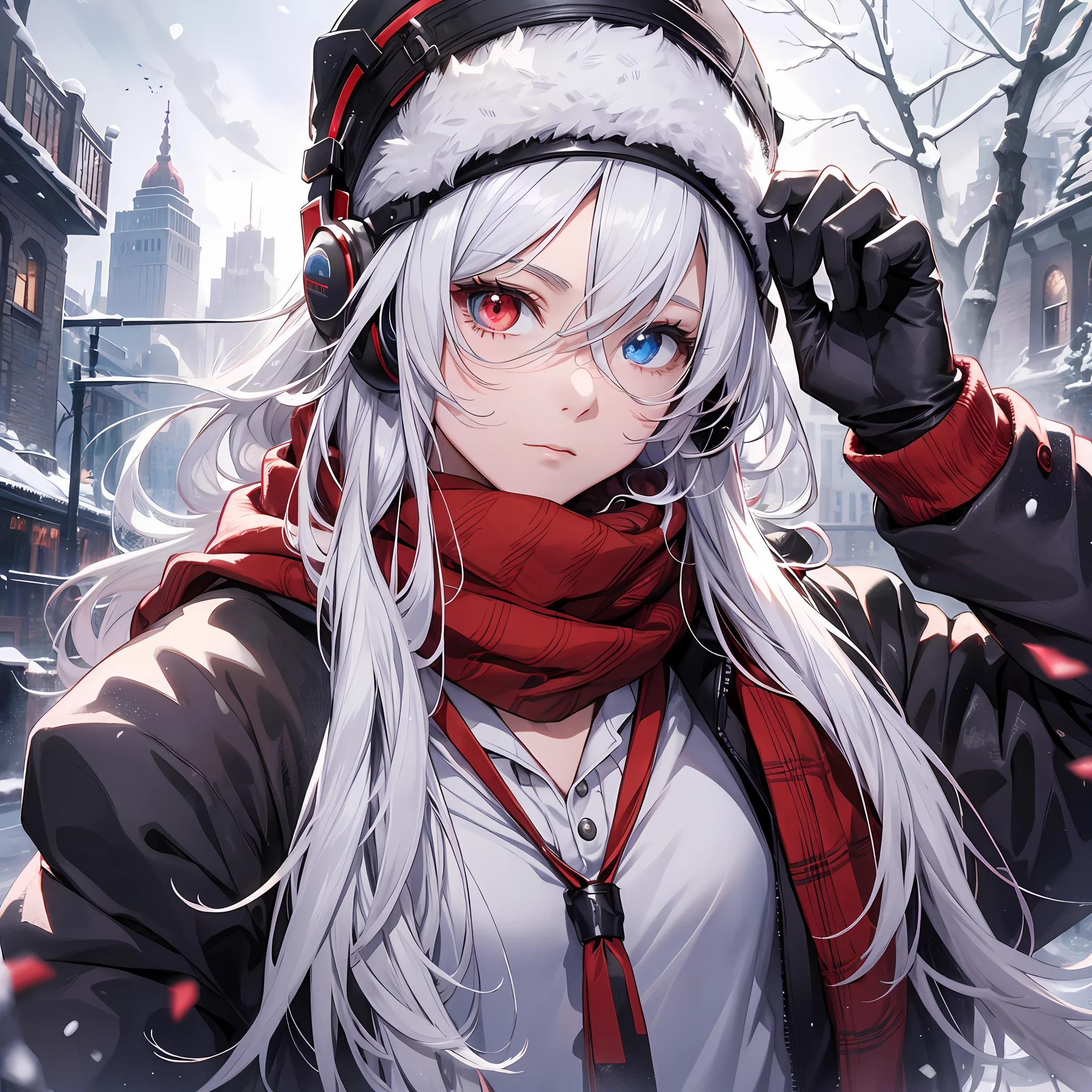 1boy, wearing a red scarf, wearing headphones, wearing winter clothing,white long hair, bang, masculine, perfect hands,BREAK, heterochromia, wearing winter gloves, winter, Snow, snowflake's,highest quality digital art, Stunning art, wallpaper 4k,8k,64k, HD, unparalleled masterpiece, dynamic lighting, cinematic, epic