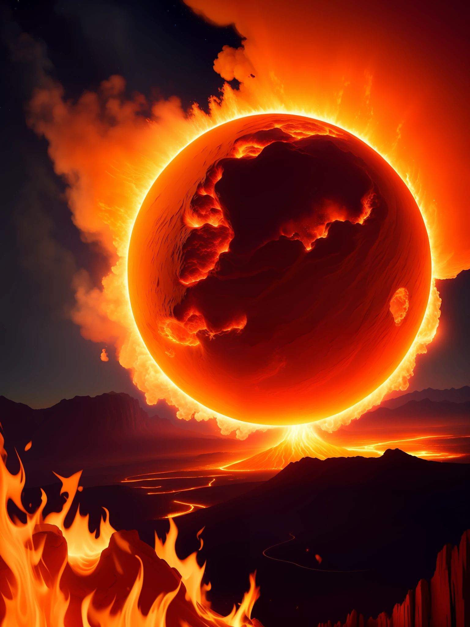 (extremely detailed CG unity 8k wallpaper,masterpiece, best quality, ultra-detailed),(best illumination, best shadow, an extremely delicate and beautiful),floating,hot,bright orange lava,smoke,fire,powerful eruption,spectacular view,night time,dark sky,star-filled.