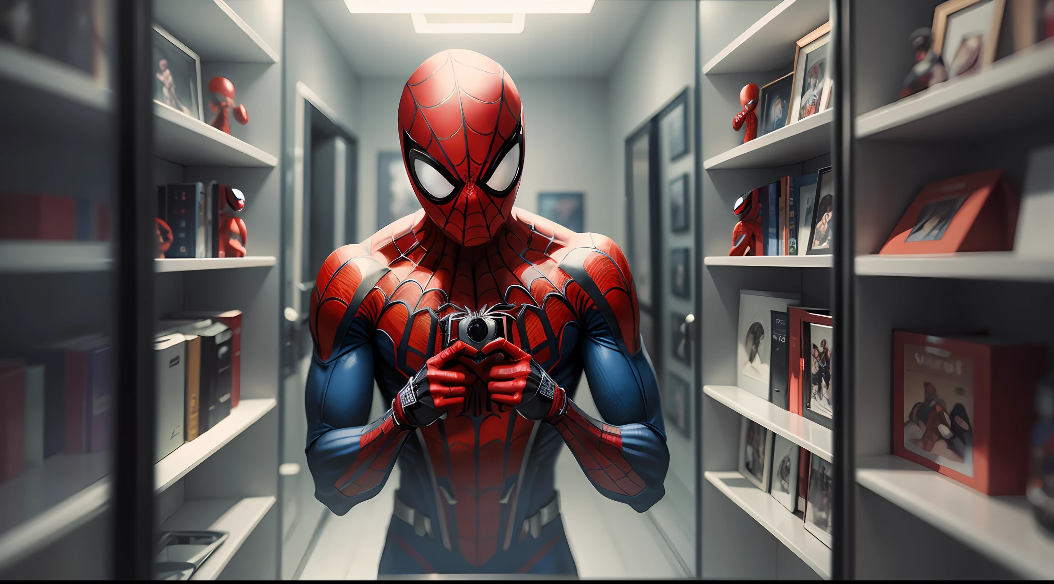 Spider man holding cell phone taking photo,mirror,Peter Parker,with spider man mask,HD,8k,photography,in mirror. --auto --s2