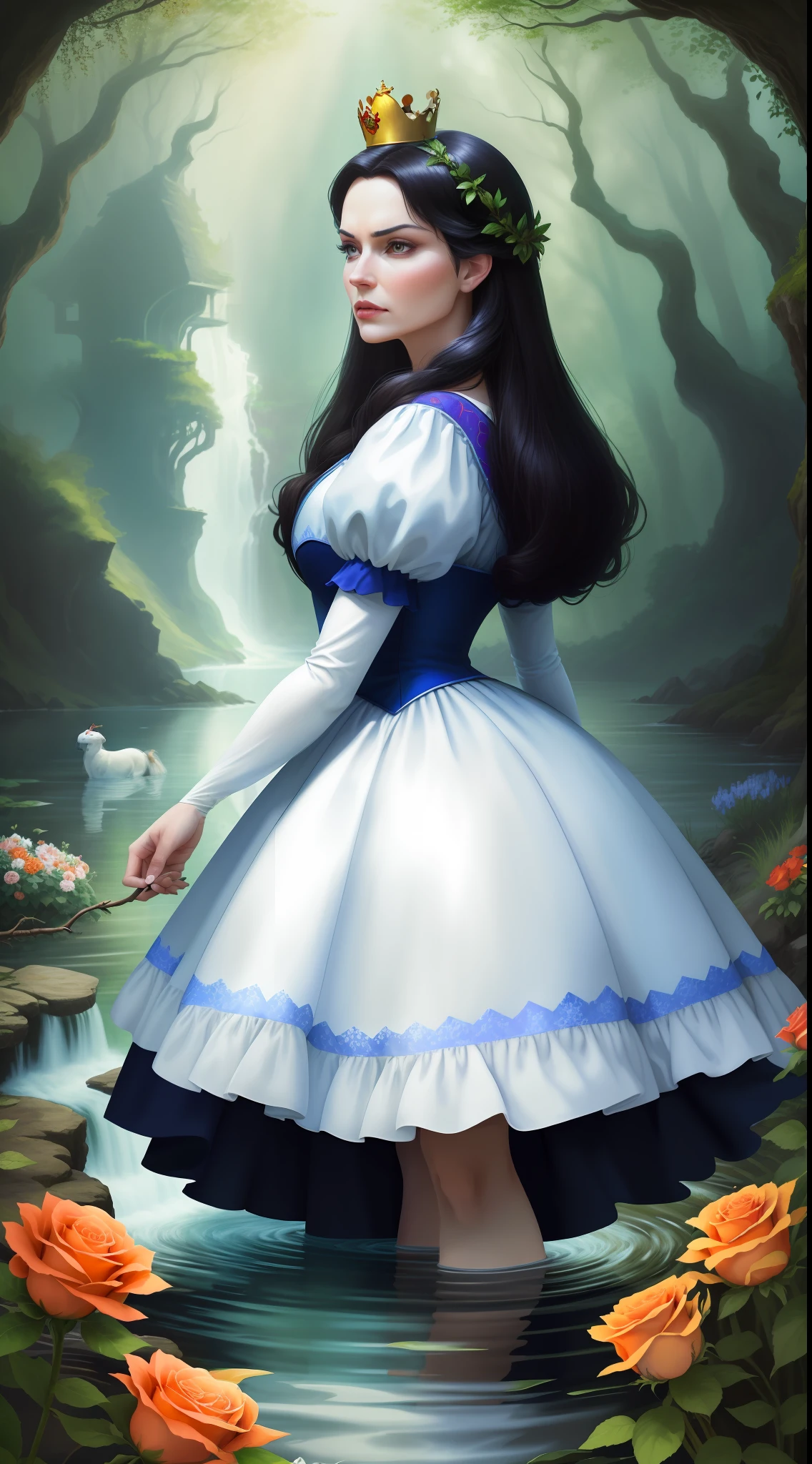 a beautiful middle-aged Disney Princess Snow White wearing a crown in the forest with many beautiful animals near her., Many flowers of various colors. A sunny day. with a river and a fairytale castle in the background. Walt Disney cartoon style masterpiece, multiple angles looking to the camera, big orange and red roses, 3, cuty animals, angry, very scary, angry, satellite image, close-up, from side, super detail
